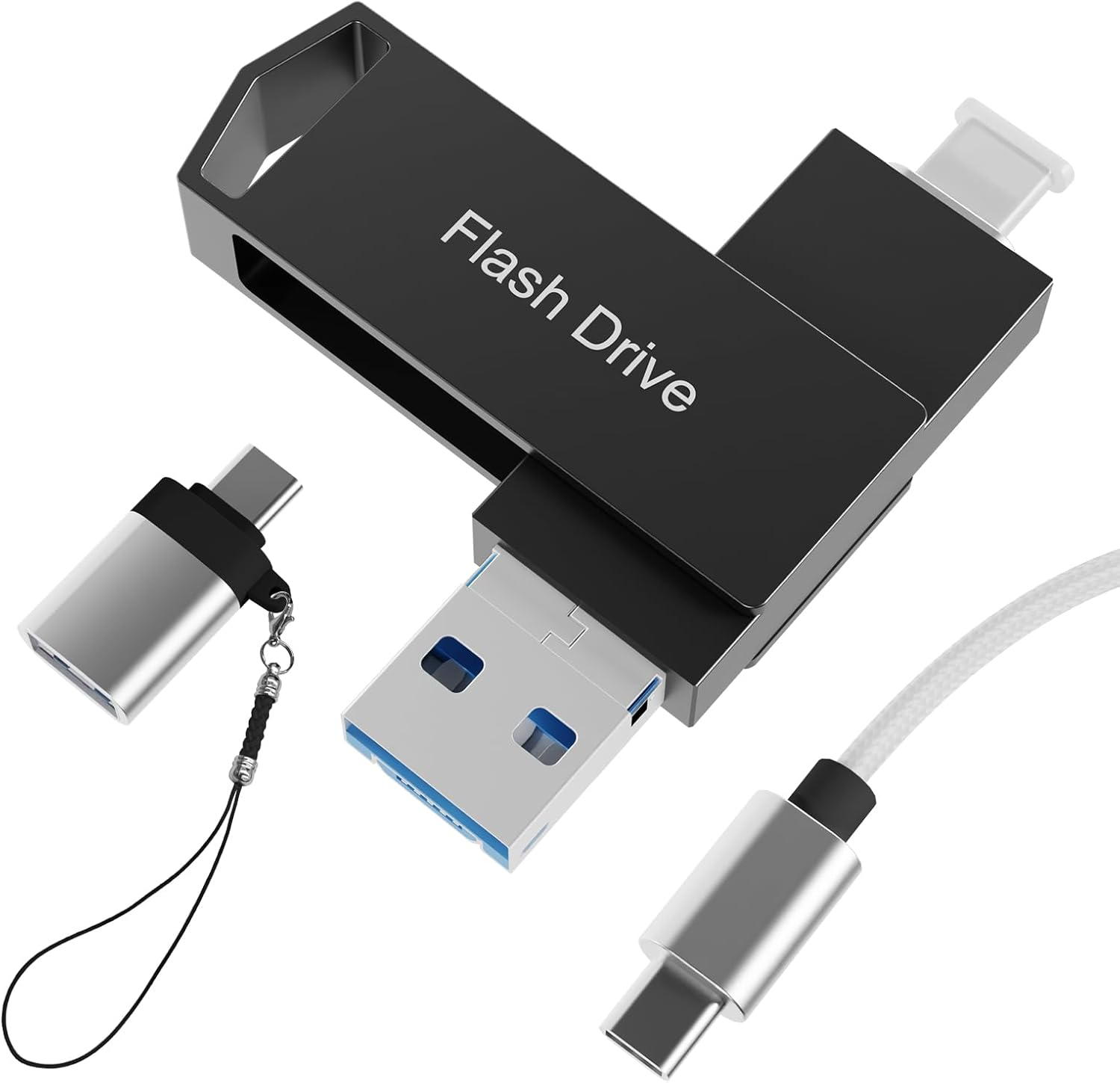 512GB 4In1 USB Flash Drive for Iphone USB3.0 Stick for Data Storage, Memory Stick for Data Storage, Compatible with Iphone, Ipad, Android, Pc-Stick with USB-C Cable& Adapter,Lanyard (Silver)