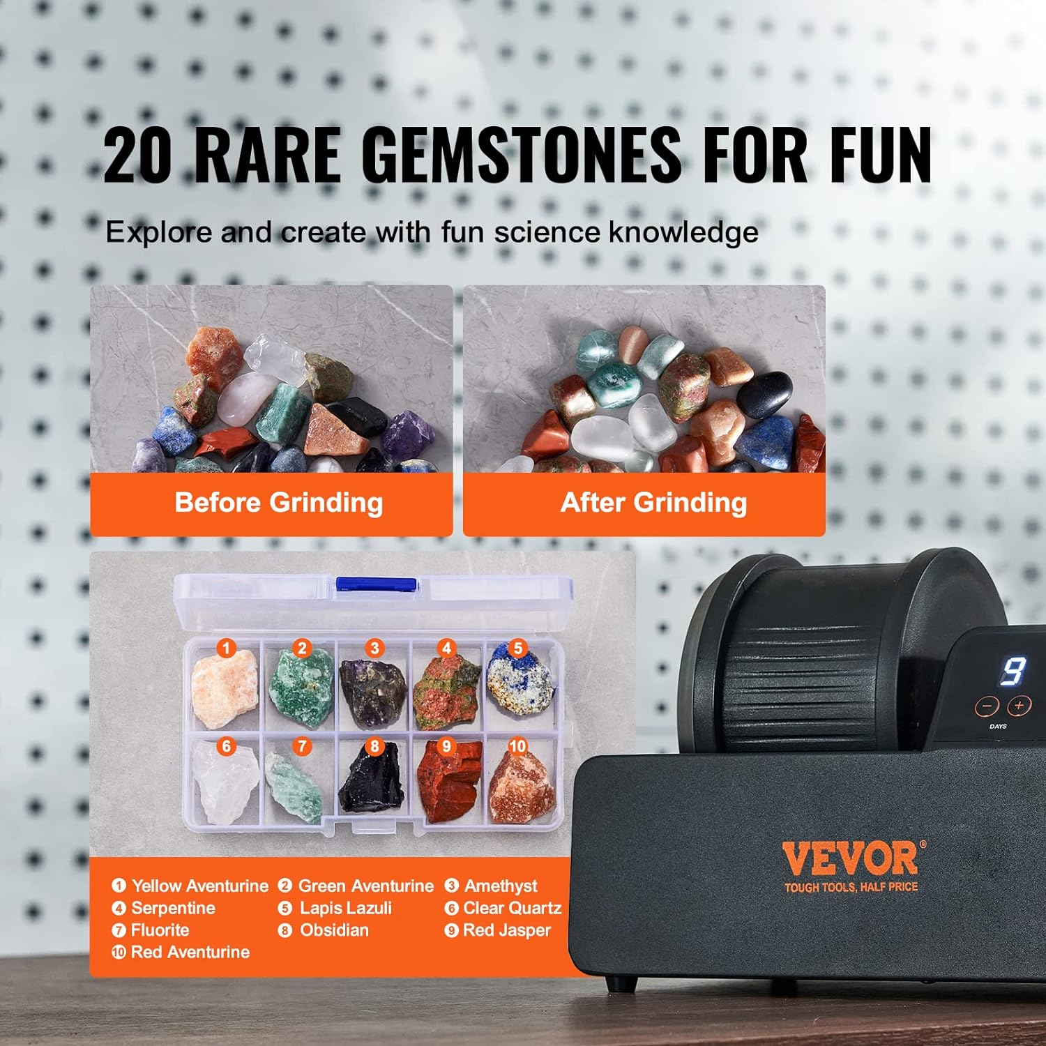 VEVOR Direct Drive 3LB Rock Tumbler Kit, 4-Speed/9-Day Timer,Professional Rock Polisher with Rough Gemstones/Grits/Jewelry Fastenings,Stone Polishing Kit for Family Fun Time,Stem Adults Kids image number 6