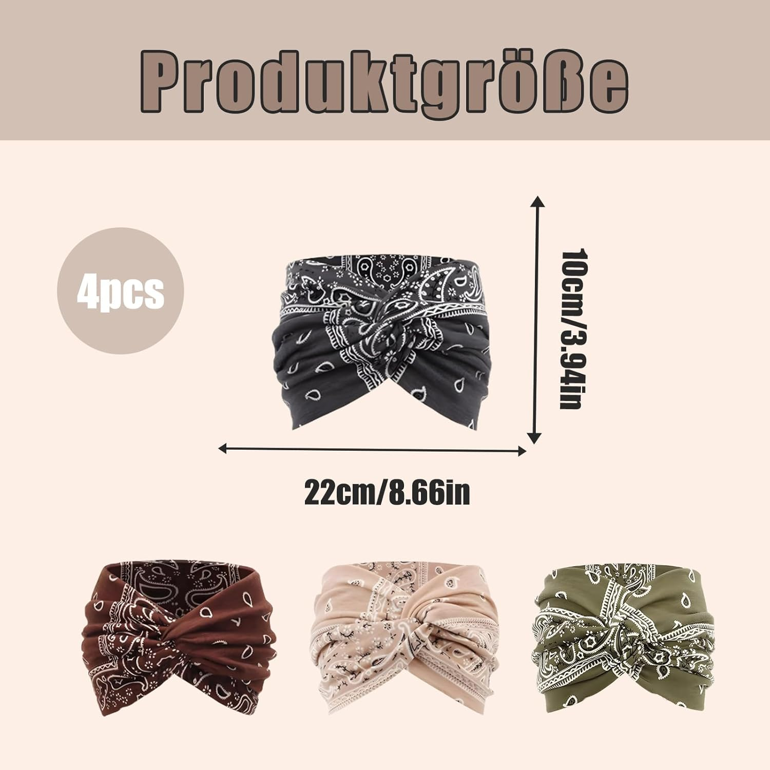 Women'S Hair Bands, Pack of 4, Boho Hair Bands, 22 X 10 Cm, Cotton, Soft Headscarves for Yoga, Sports and Summer (Grey, Brown, Beige, Green) image number 4