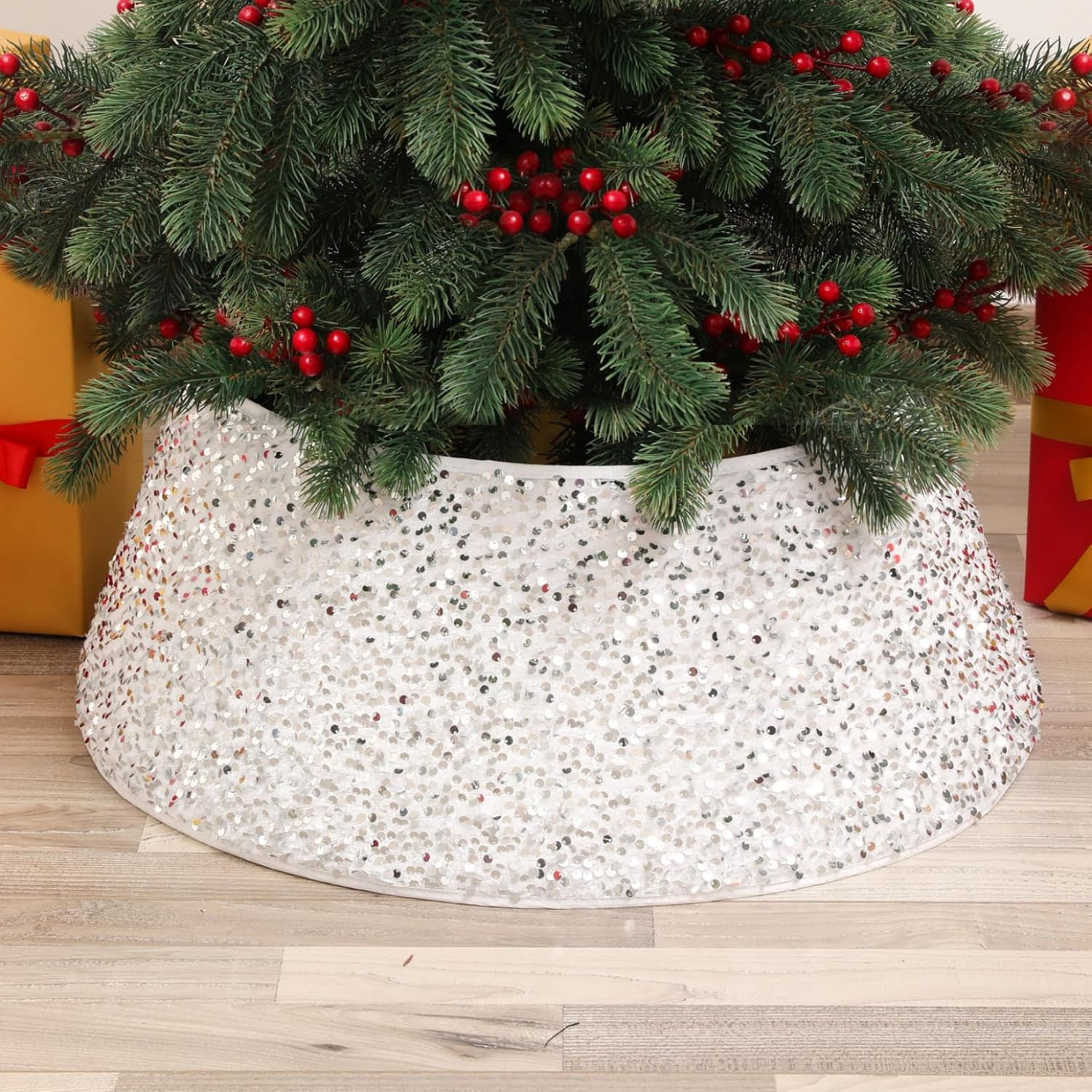 Christmas Tree Collar 28 Inch/70Cm Glitter Tree Collar Shiny Sequins Xmas Tree Skirt Ring Basket Cover Holiday Home Party Christmas Tree Decor Silver image number 1