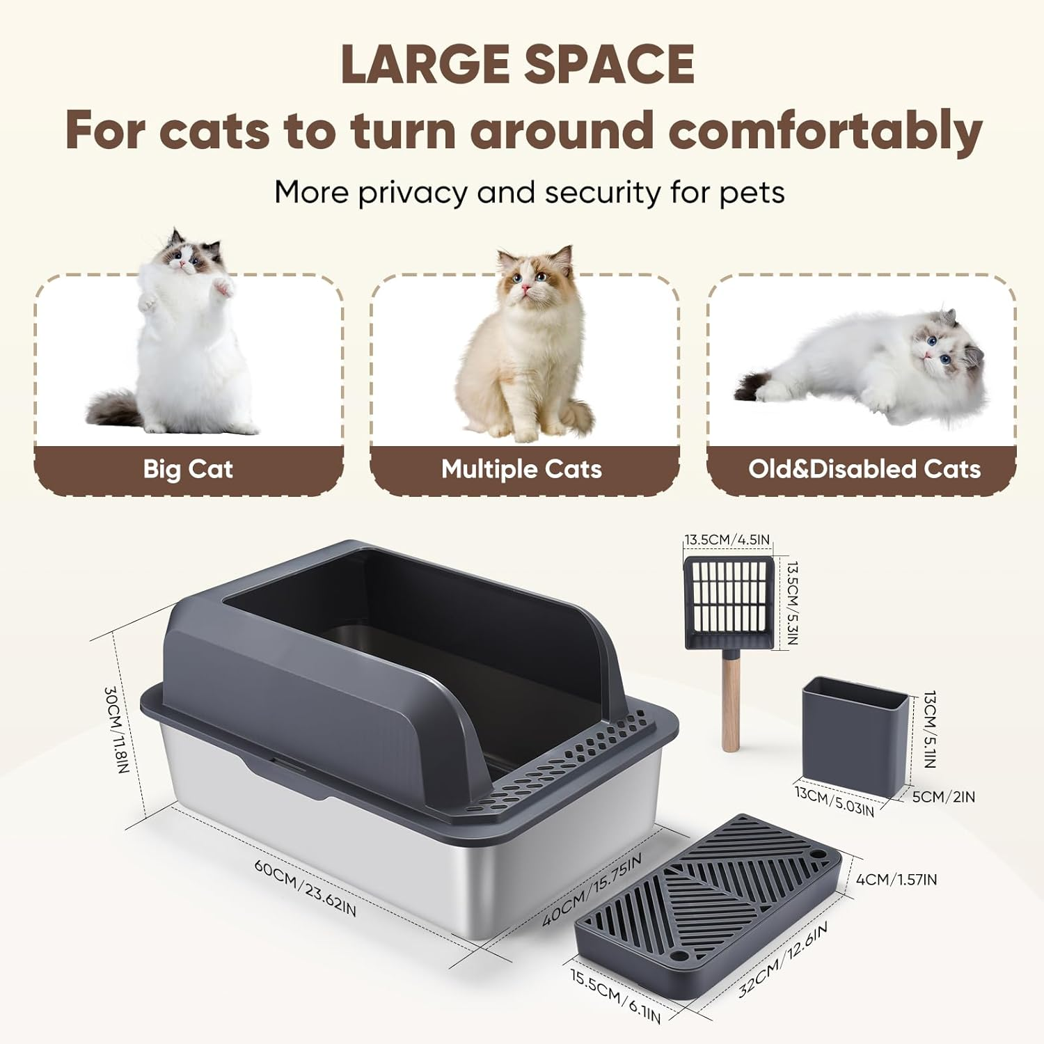 Enclosed Stainless Steel Cat Litter Box with Lid,Xl Extra Large for Big&Multiple Cats,Metal Litter Box High Wall Sides Enclosure Cat Toilet,Anti-Urine Leakage,Non-Sticky,Easy Cleaning,Include Scoop image number 3