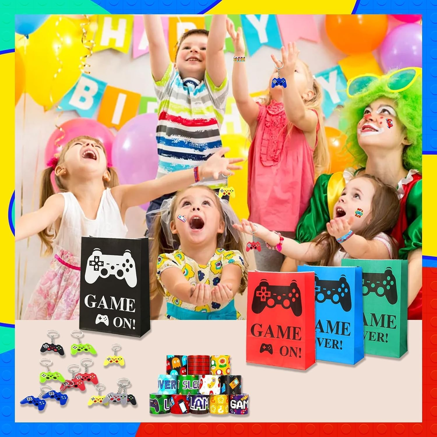 98 Pcs Video Game Party Favors, Party Favors - 12 Set of Party Supplies Included Gift Bags,Game Keychain,Slap Bracelet,Stickers,Temporary Tattoos for Birthday Party Supplies image number 1