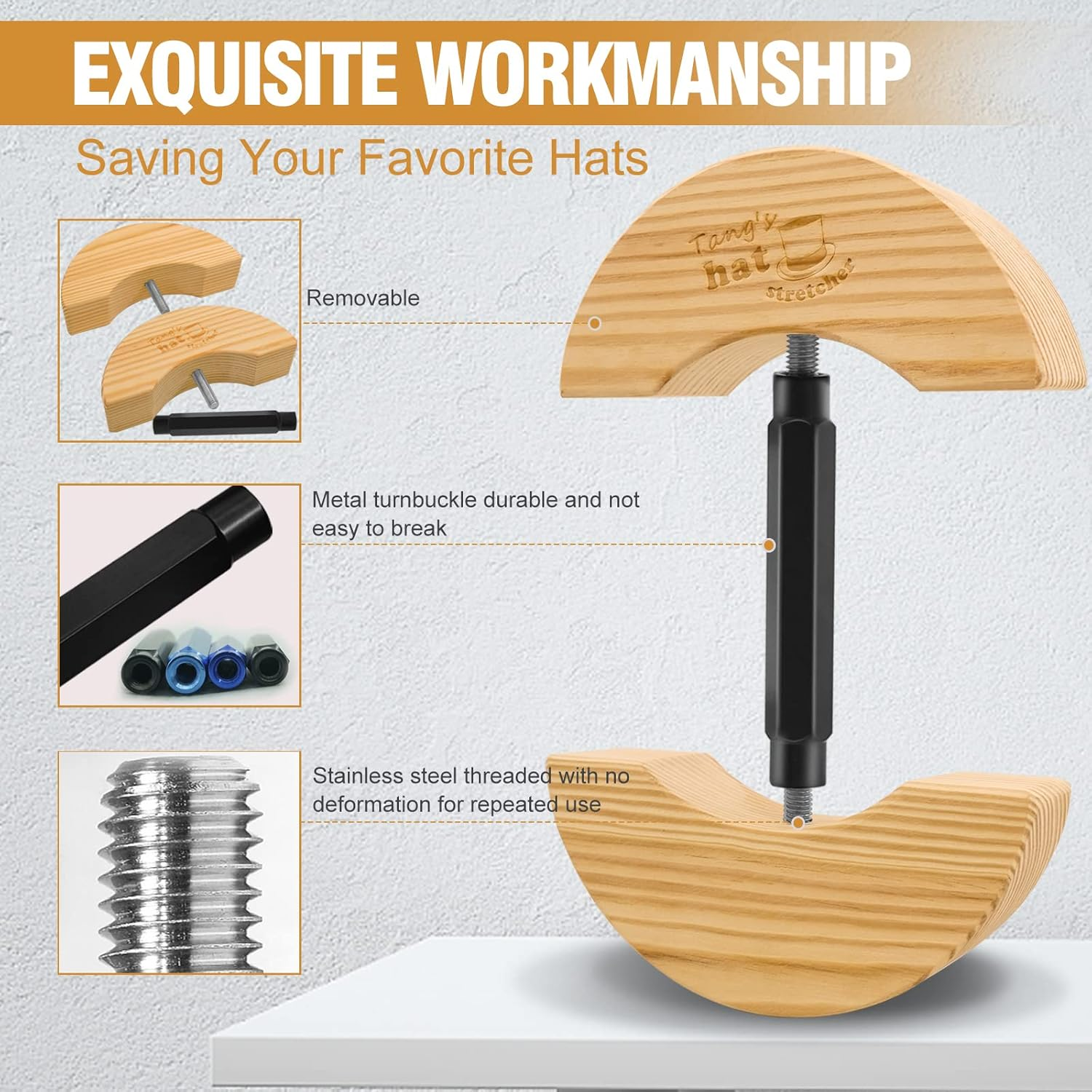 Tang'Swooden Hat Stretcher,Adjustable Turn Buckle Hatstretcher Forfitted Hats.Onesizeunisex Adultshatshaper, Suitsforall Hat image number 3
