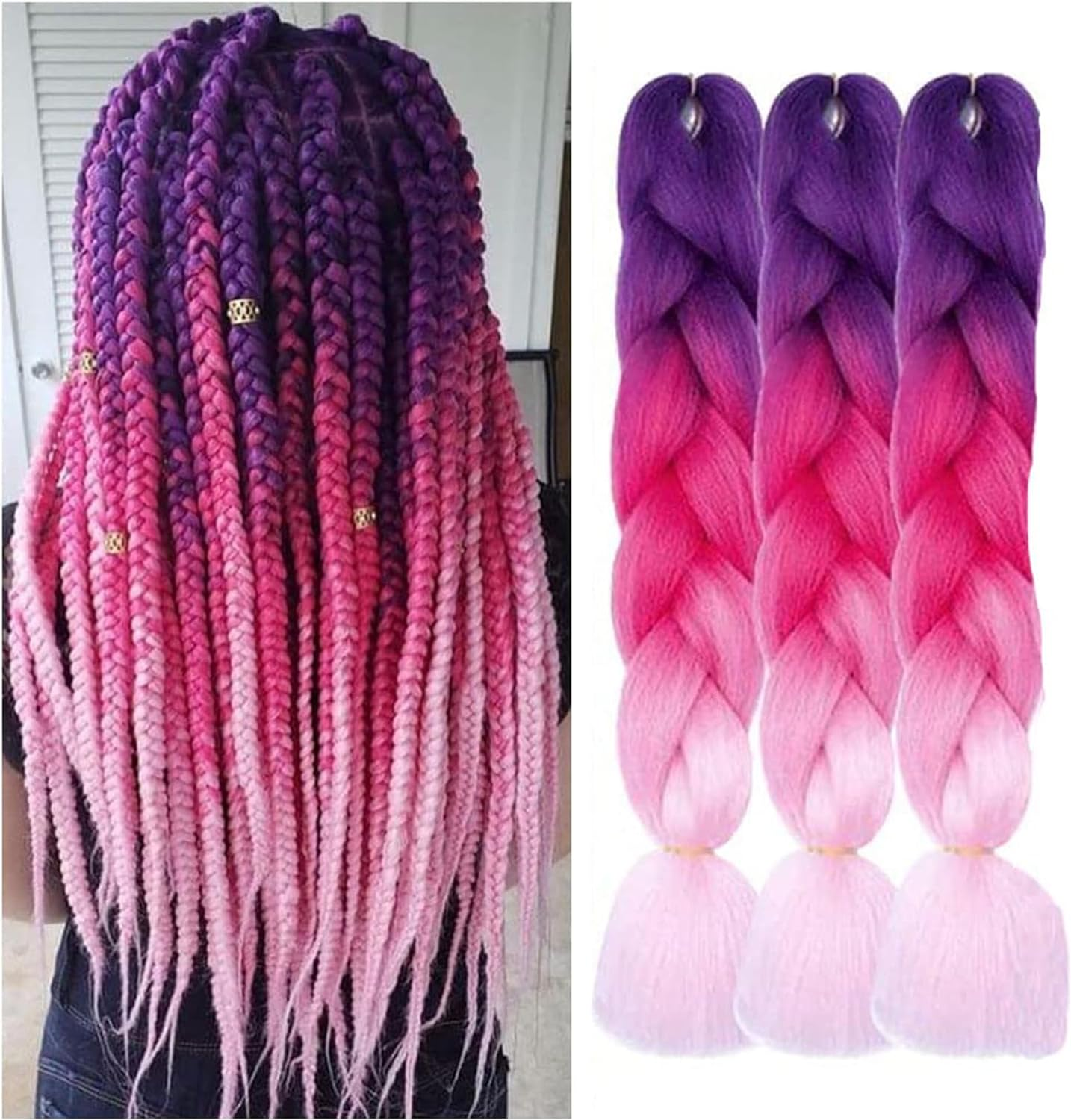 Jumbo Braiding Hair Extensions,24Inch/60Cm 3 Packs High Temperature Fiber Crochet Twist Braids Crochet Braiding Hair Purple/Rose Red/Pink(C6) - A2 image number 5