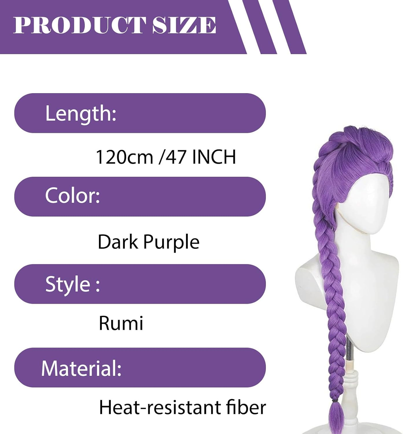 Long Purple Braided Wig, 47 Inches, Halloween Anime Costume Wig, Made of Heat-Resistant Synthetic Fiber, Ideal as a Halloween Cosplay Prop, Suitable as a Women or Girls (A)