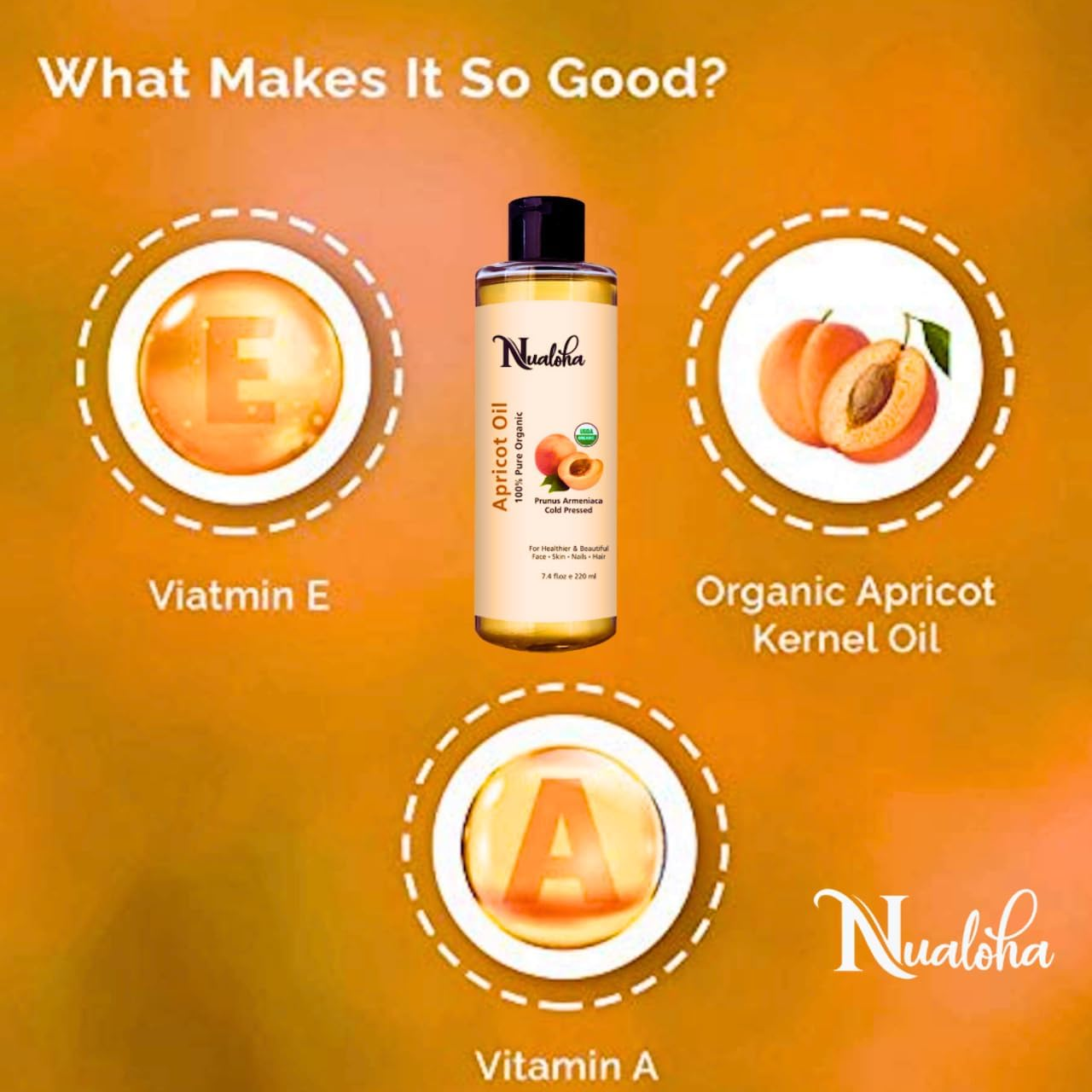 Nualoha Apricot Kernel Oil 220 ML, Pure Cold Pressed Apricot Carrier Oil for Face, Skin, Hair, Body image number 5