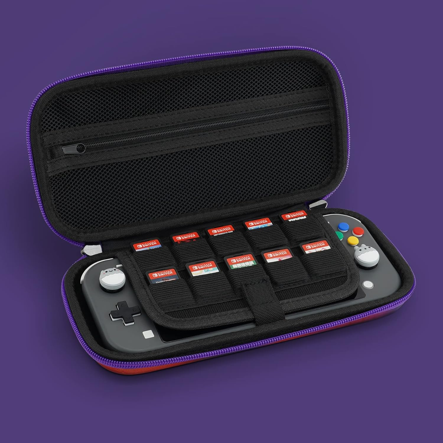 Playvital Carrying Case for Nintendo Switch Lite, Portable Pouch Storage Handbag Travel Bag Protective Hard Case for Switch Console W/Thumb Grip Caps & 10 Game Card Slots - Purple Red Swirl image number 5