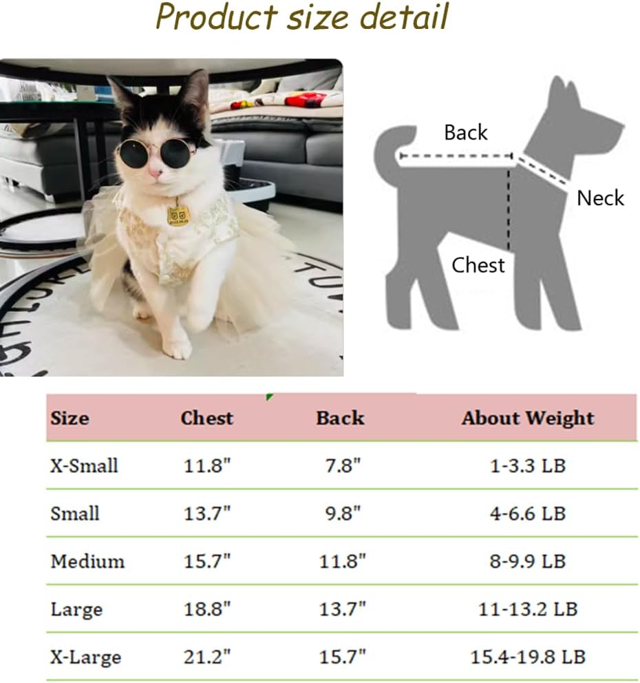 Fancy Dog Dresses with Leash Ring, Embroidered Dog Wedding Dress, Bow Puppy Clothes for Small Dog Girl Multi-Layer Lace Tutu Cat Outfit for Kitten Chihuahua Yorkie, Champagne,Large image number 4