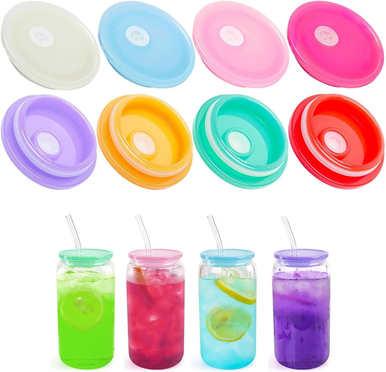 BEANPRECOY 8PCS Plastic 16Oz/20Oz Glass Can Lids Reusable Silicone Jar Cap Plastic Beer Can Cups with Lids Replacement Lids for Can Shaped Glass Coffee Cups for 16Oz Glass Cups with Lids and Straws image number 2