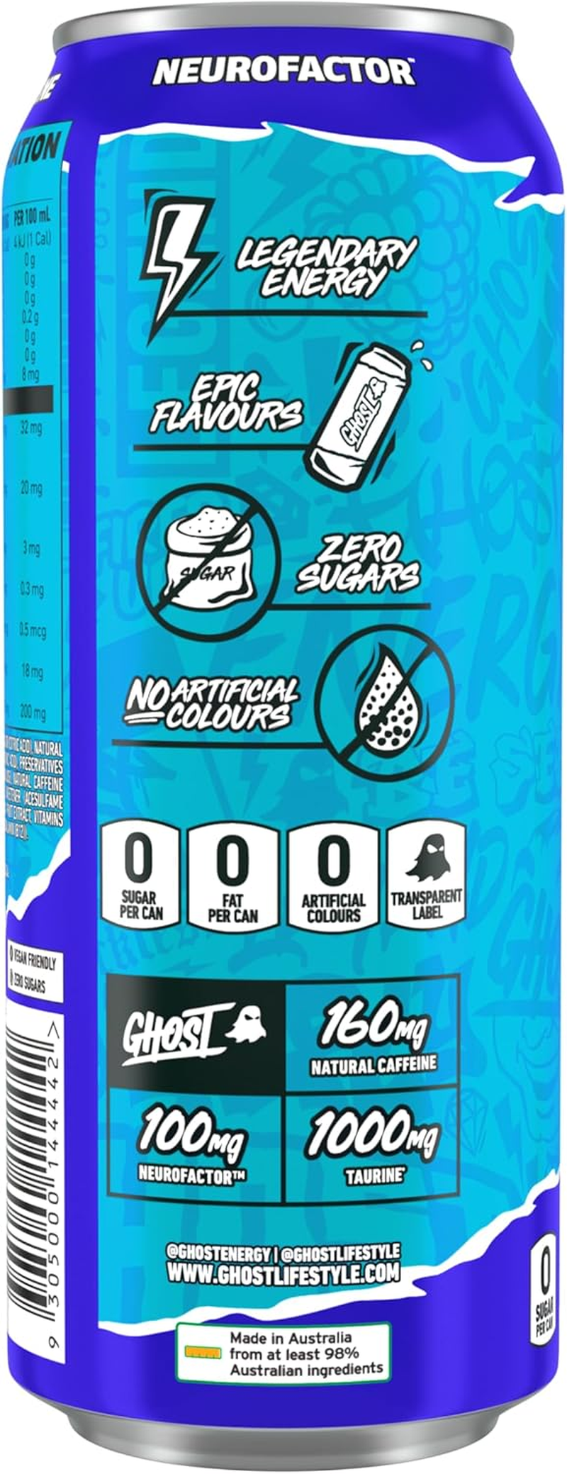 GHOST Energy Drink - 12-Pack, Blue Raspberry, 500 Ml Cans - Energy & Focus & No Artificial Colours - 160Mg of Natural Caffeine - Vegan image number 3