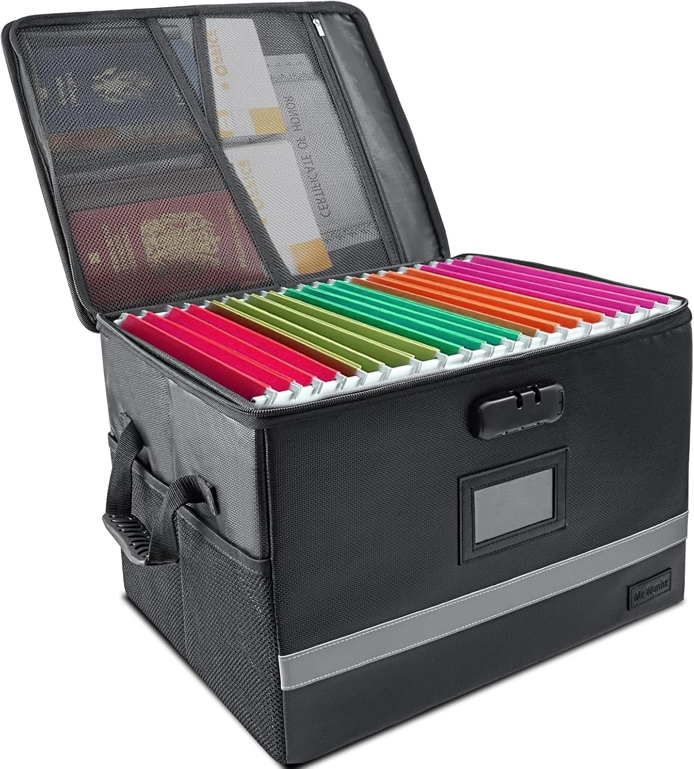 File Box Fireproof Document Box with Lock, File Storage Organizer Anti-Static Filing Box with Handle Portable Collapsible & Reflective Strip for Hanging Letter & Legal Size Folder