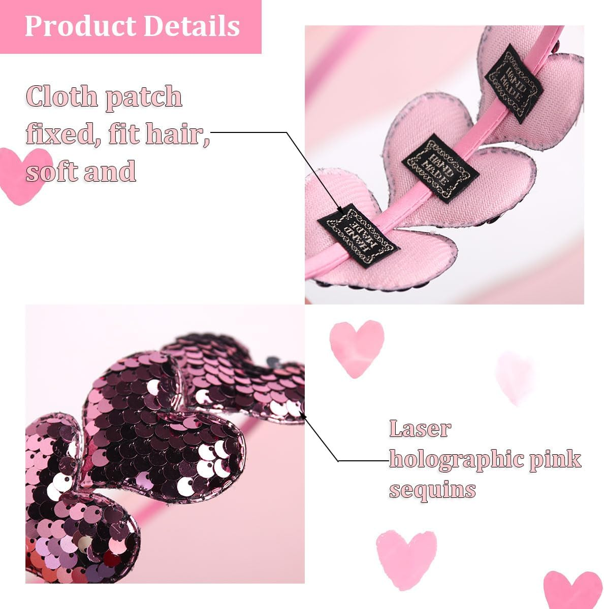 HATOTO Valentines Day Heart Headband Pink Sequins Hair Band,3 Glitter Love Hearts Hair Accessories for Women Girls Kids, Birthday New Year Wedding Party Costumes Headdress Decoration Hair Hoop - Style 1 image number 4