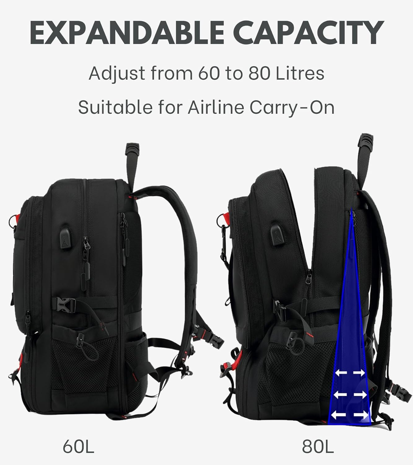 Travel Laptop Backpack, 80L Large Capacity, Suitable for 17 Inches, 15.6 Inches Laptops. Waterproof, Shoe Compartment, Laptop Compartment, USB Interface, and Anti-Theft Rear Pocket. (80L) image number 2