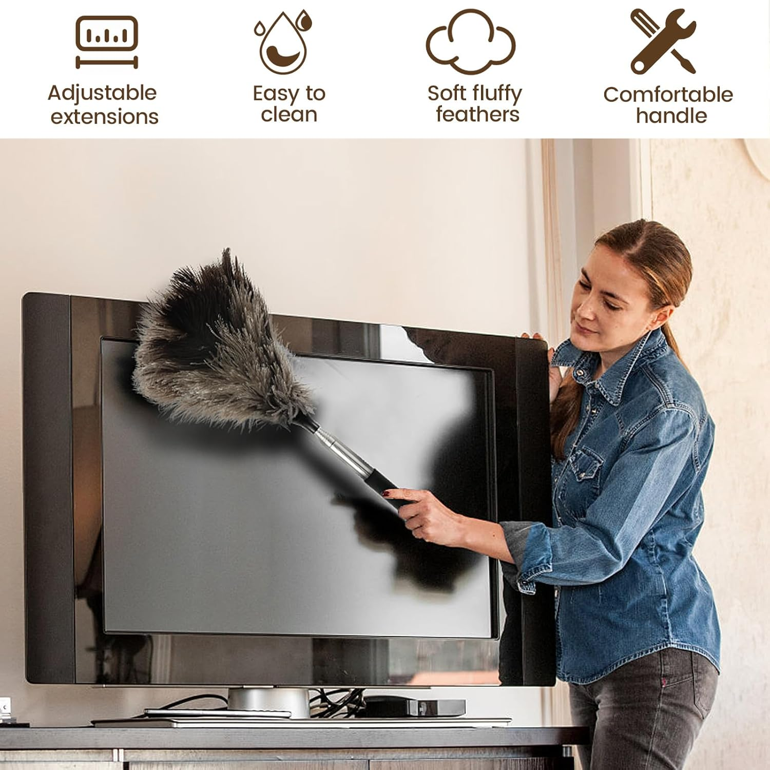 Fizocosisto Extendable Ostrich Feather Duster with Nonslip Handle, 15" - 45" Retractable Feather Duster for Cleaning Ceiling Fan Pendant Lamp High Ceiling Blinds Furniture image number 3