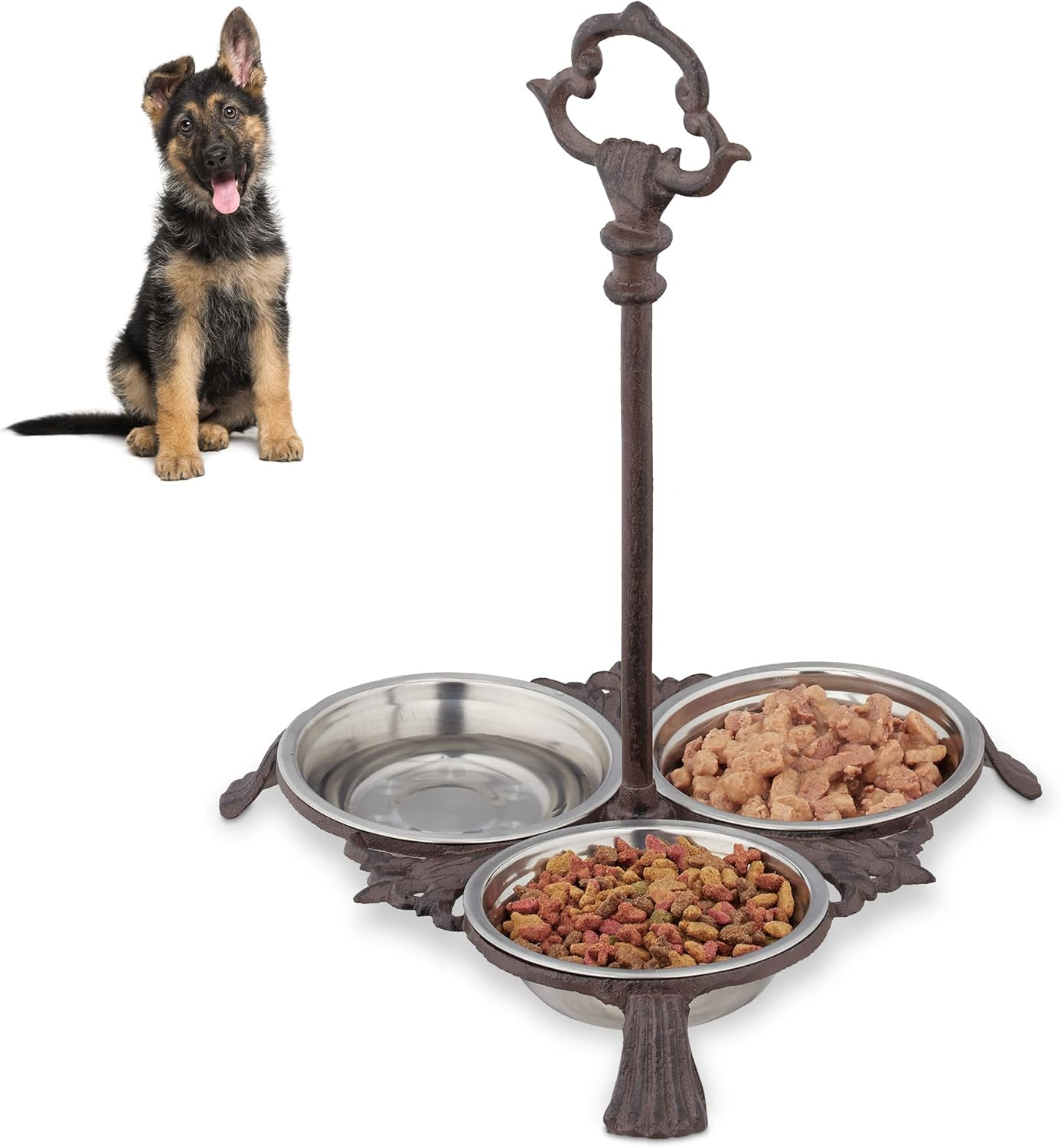 Relaxdays Cast Iron Feeding Station for Cats & Dogs, 3 Stainless Steel Bowls, Antique, Handle, Outdoor, Dark Brown, 37 X 31.5 X 30 Cm image number 5