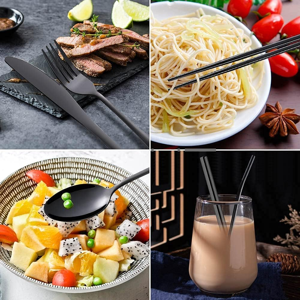 MKUCCD Travel Utensils with Case, Portable Travel Utensils Cutlery Set Stainless Steel Flatware Set for Camping 7Pcs Including Dinner Knife Fork Spoon Chopsticks (Black) image number 1