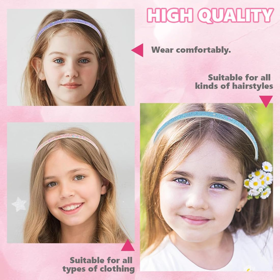 Pack of 4 Glitter Headbands, Multi-Style Hair Bands for Men Women, Glittering Confetti Rainbow Hair Bands with Teeth for Little Girls image number 4