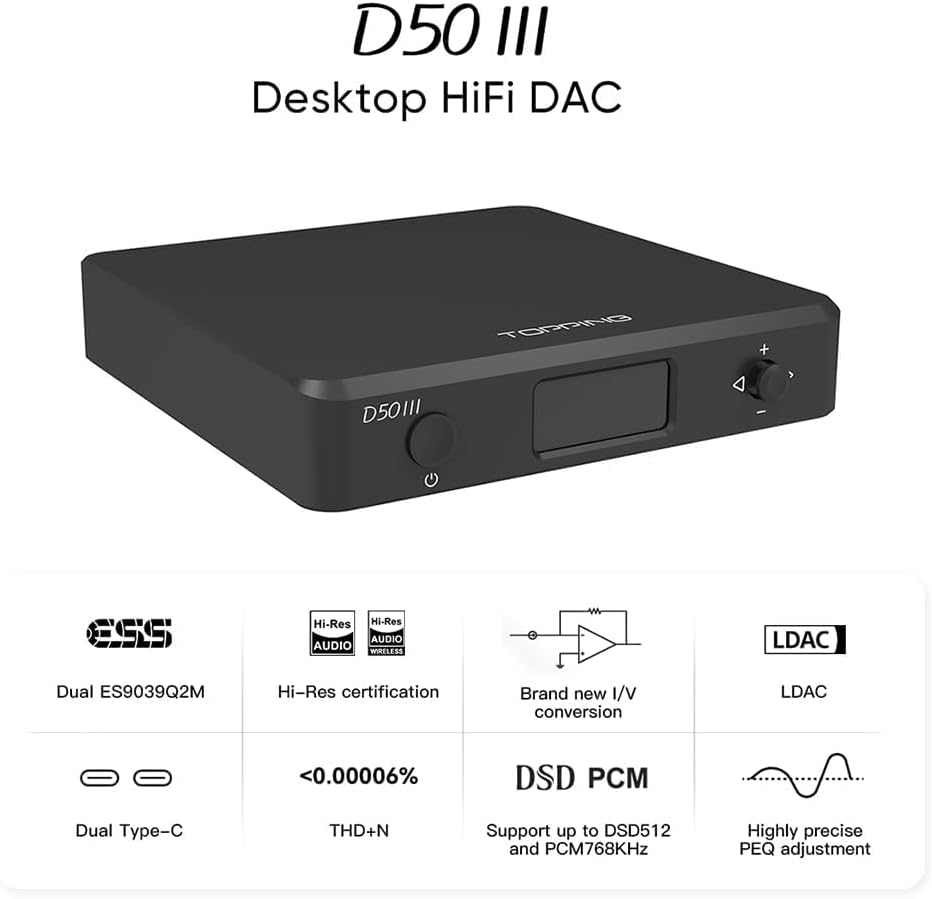 Topping D50 III 2*ES9039Q2M DAC, Usb/Bt5.1/Optical/Coaxial to RCA/TRS Audio DAC, Type-C Bluetooth 5.1 SPDIF Input Digital-Analog Converter, Hi-Res Audio DAC, Home Audio DAC with 12V Trigger (Silver) image number 1