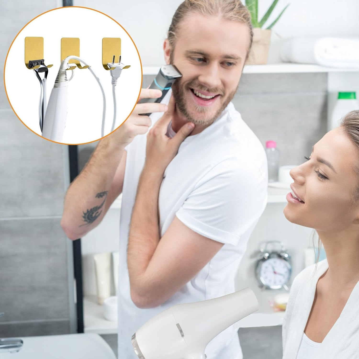 MOROBOR 4 Pcs Adhesive Razor Holder, Gold Shaver Holders Towel Hooks Stainless Steel Waterproof Storage Hook for Towels Bath Accessories for Kitchen & Bathroom image number 4