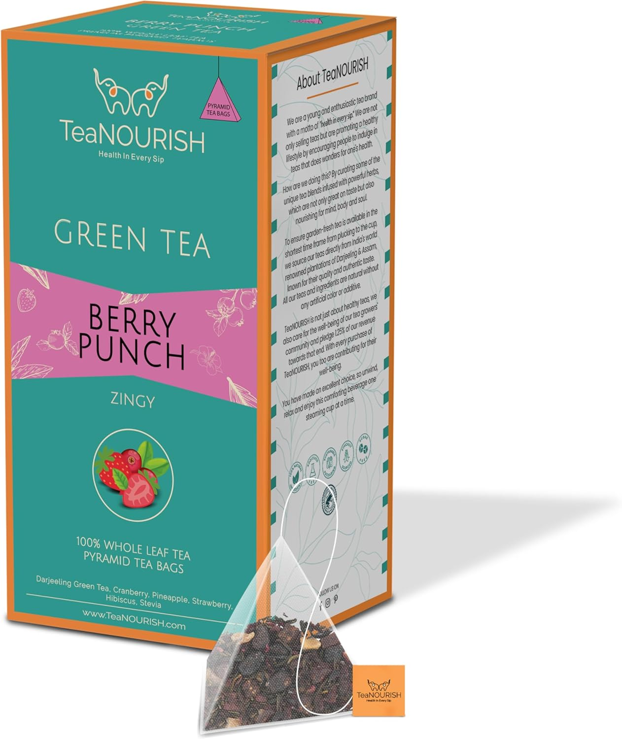 Teanourish Berry Punch Green Tea | 20 Count Pyramid Tea Bags | Zingy & Refreshing | Darjeeling Whole Leaves | 100% Natural Fresh Berries & Hibiscus Flower