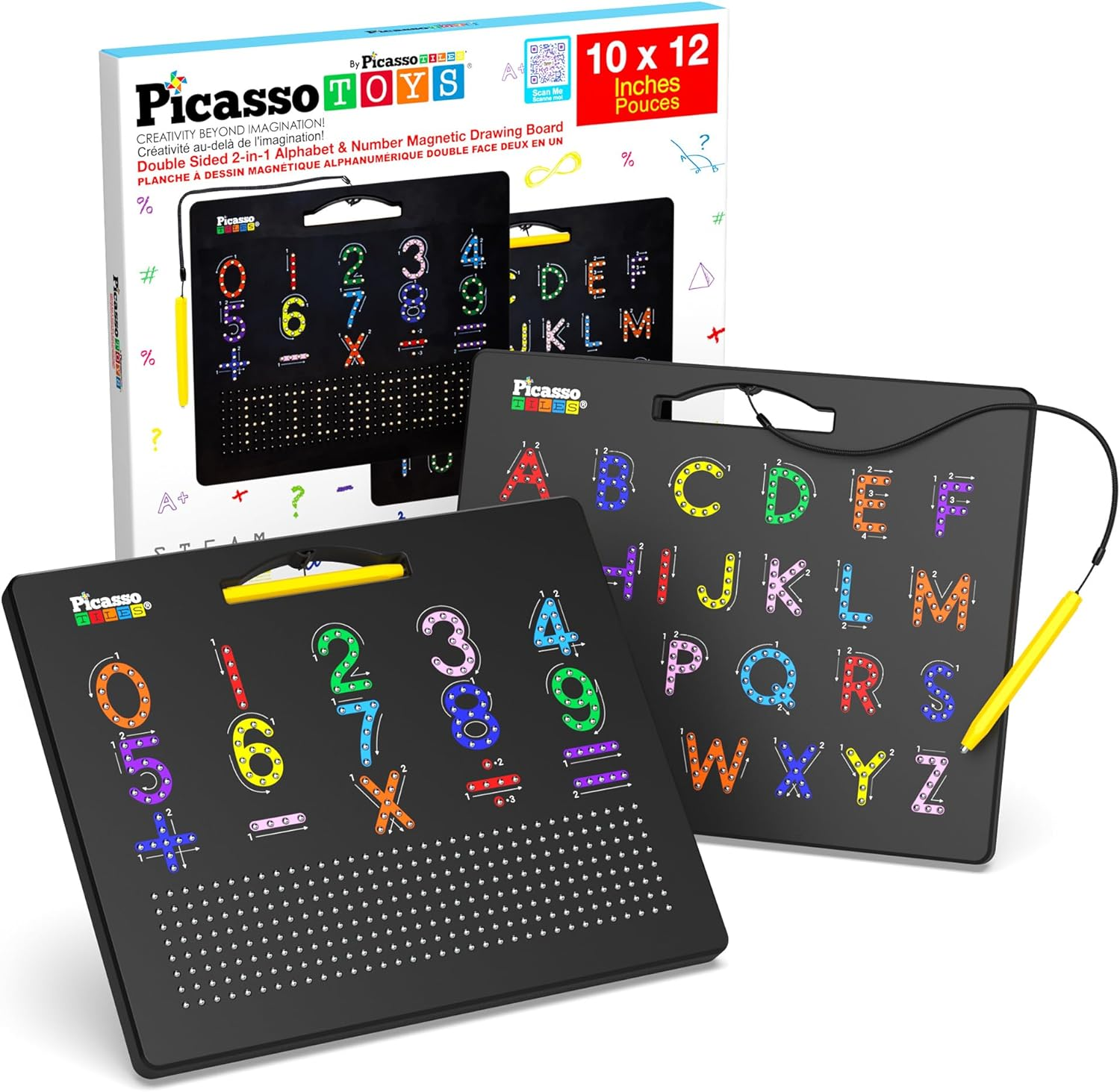 Picassotiles 2-In-1 Double Sided Magnetic Drawing Board ABC A-Z Letter, Number, and Freestyle Writing Playboard 12X10 Inch Large Magnet Tablet Pad Open-Ended Learning Erasable Reusable Playset PTB02 image number 1