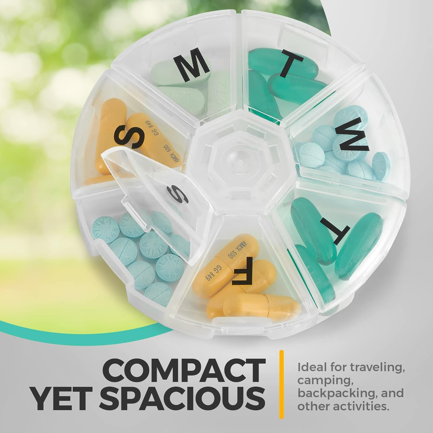 Weekly Pill Organizer - Pack of 2 - Large round Travel Medication Reminder Daily Monday to Sunday Compartments, 7 Days image number 4