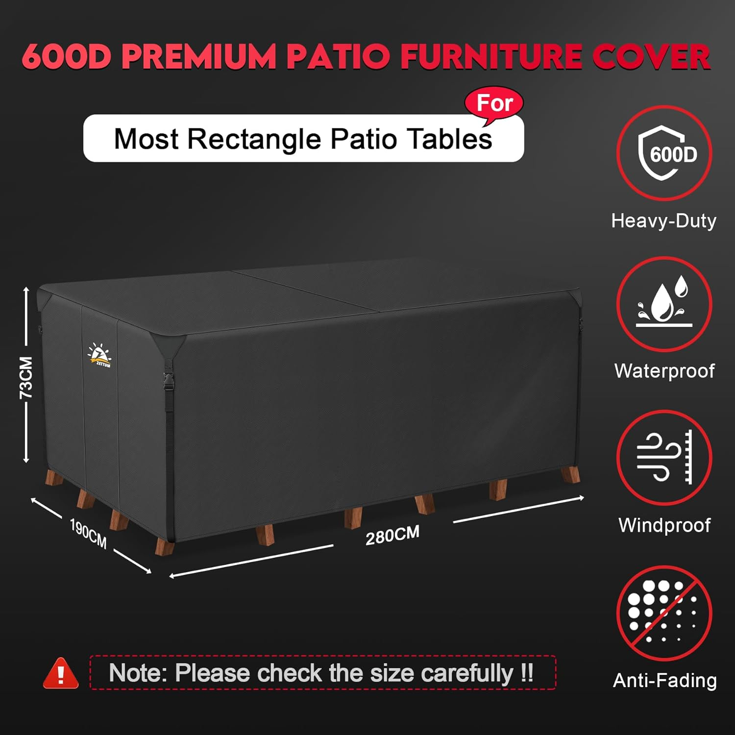 Zettum Patio Furniture Cover Rectangle 280 X 190 X 73 CM - 600D Outdoor Table Cover Waterproof & Heavy Duty, Lawn Furniture Sofa Set Covers for outside Dining Table and Chairs Seating Combo