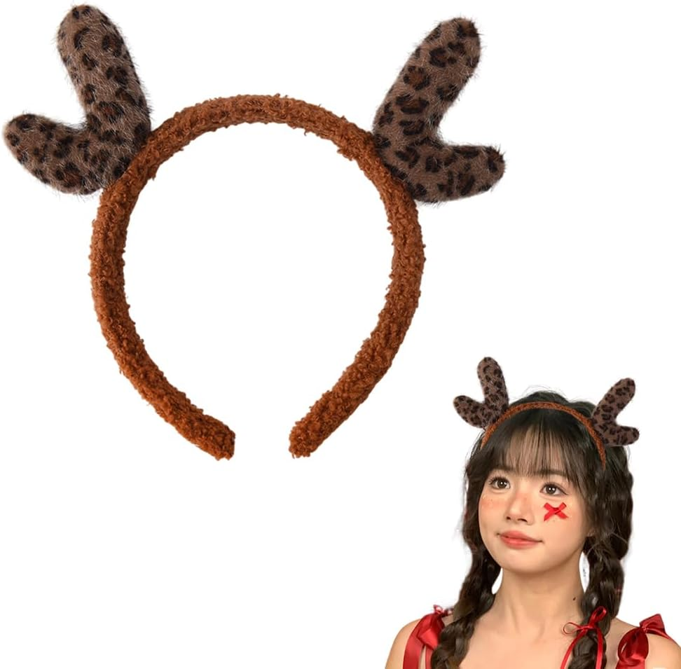 Plush Christmas Deer Antlers Headband Christmas Holiday Head Hair Accessories for Girls Women Soft Reindeer Antlers Headband Hairband Leopard Deer Ears Headband Deer Antlers Costume Headwear Headband image number 3