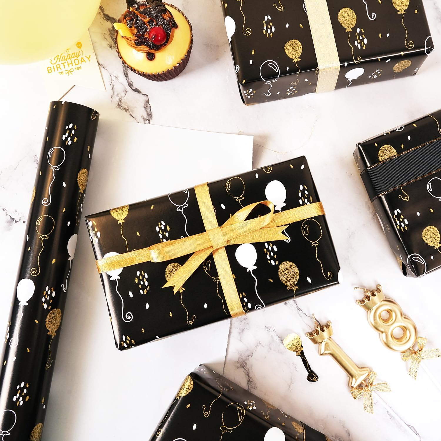 Birthday Gift Wrapping Paper Roll - Metallic Gold Black Wrapping Paper - Black Gold White Balloon Designs Gift Wrap for Birthday Baby Shower Holiday Party Decor - Mini Roll-17Inch*33Feet (Black Gold) - Colorful image number 6