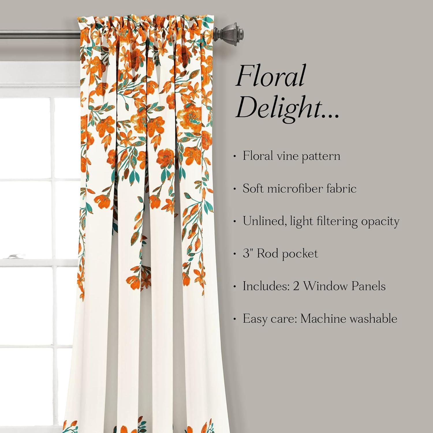 Lush Decor Tanisha Curtains - Light Filtering Window Panel Set, Pair - Floral Vine Print, Beautiful, Modern, Elegant Home Decor - 52" W X 84" L, Tangerine & Turquoise - Purple  Gray image number 4