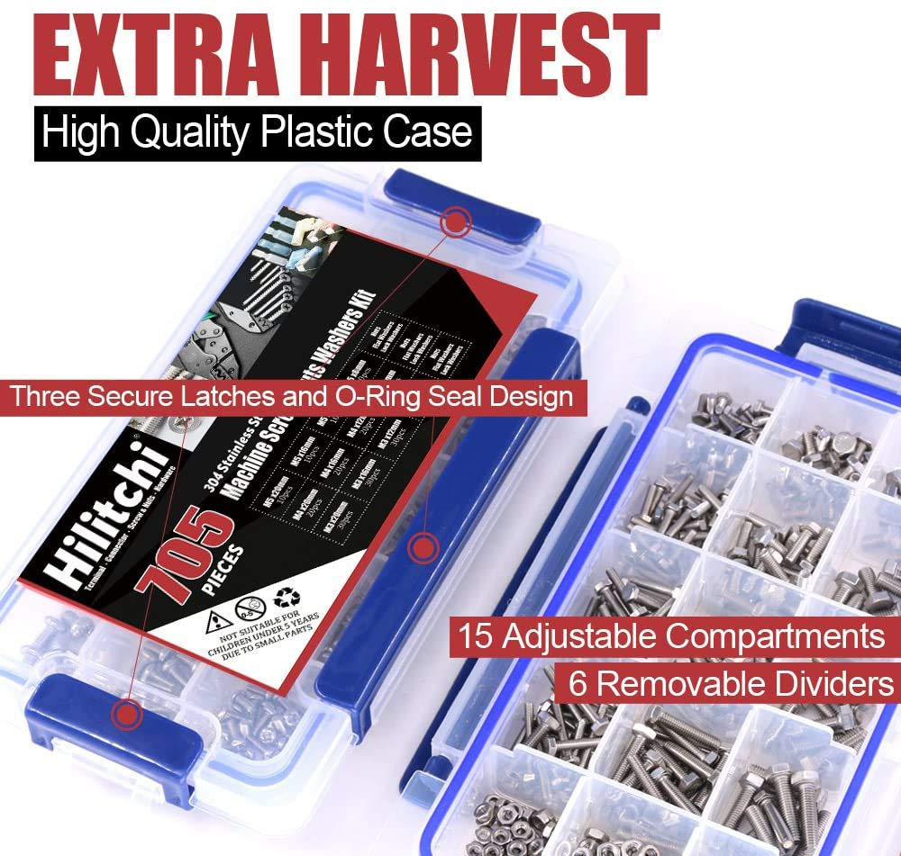 Hilitchi 705-Pcs M3 M4 M5 Hex Hexagon Head Cap Machine Screws Bolts Nuts Flat and Lock Washers Assortment Kit, 304 Stainless Steel, 8 to 20Mm Length, Full Thread image number 6