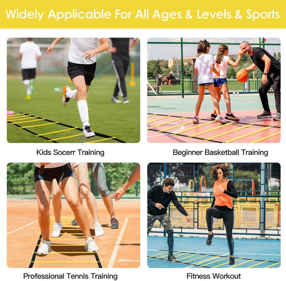 Speed & Agility Training Set&ndash;20Ft Adjustable Agility Ladder, 12 Disc Cones, 1 Jump Rope, 1 Resistance Umbrella&ndash;Ideal for Football, Basketball, Fitness Training for Kids, Youth, Adults