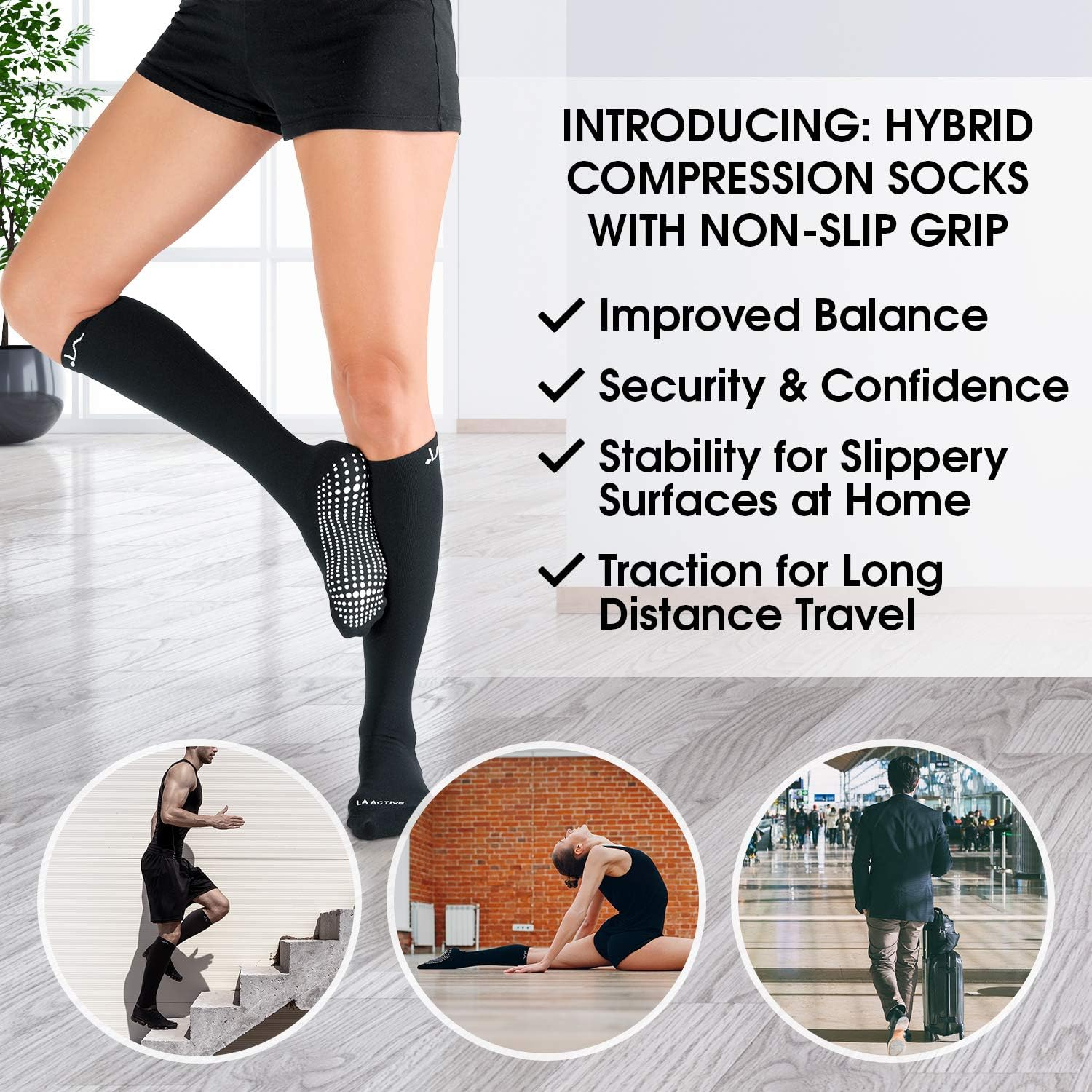 LA Active Non-Slip Compression Socks - 20-30Mmhg - Knee-High anti Skid Stockings for Women & Men image number 6