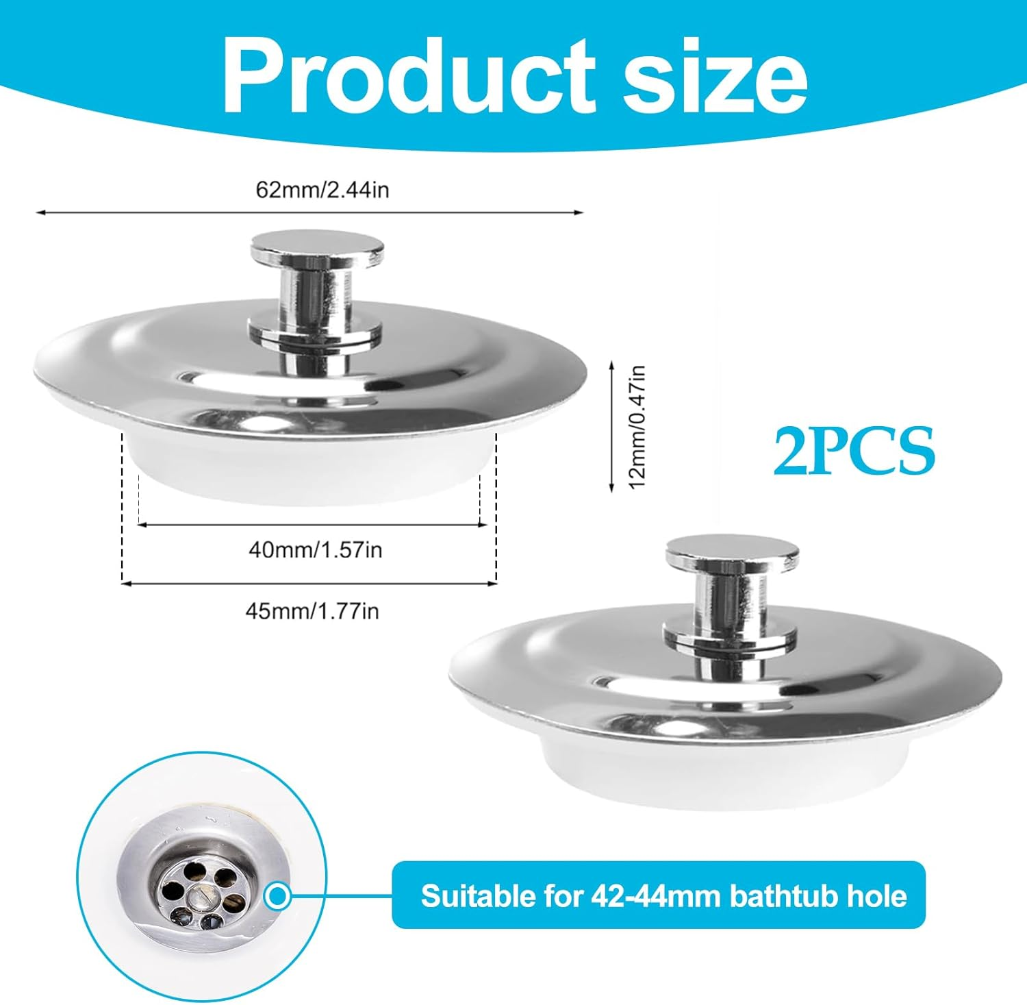 2 Pieces Bath Plug Stainless Steel Push Type Sink Plug Replacement Bath Plug for Bathtub, Kitchen, Vanity, RV Sink Etc with One Handle Easy to Take Out image number 4