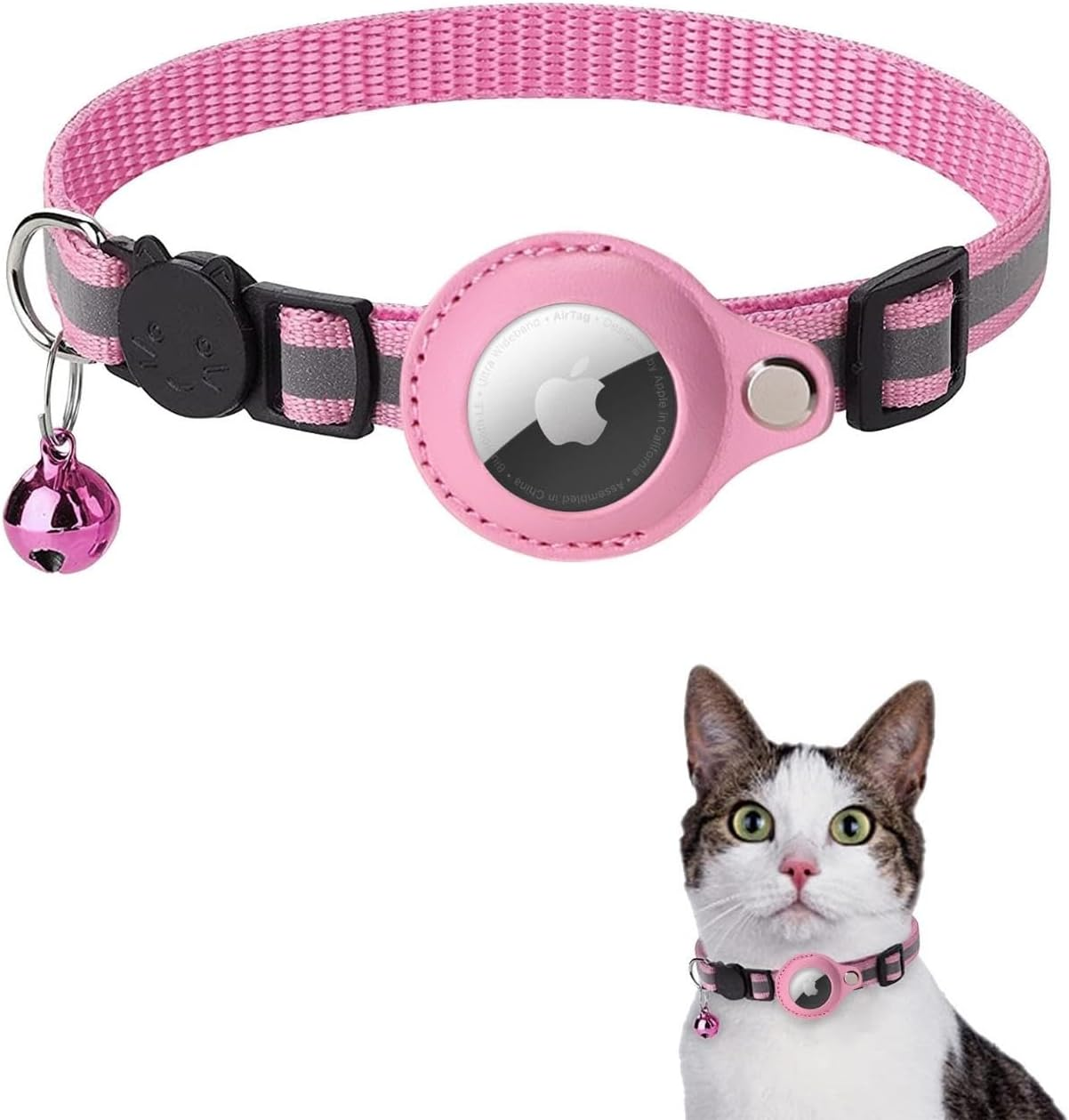 Airtag Cat Collar, Reflective Air Tag Cat Collar with Airtag Holder and Bell, Lightweight Cat Tracker Collar, Cat Airtag Collar with Breakaway Safety Buckle for Cat Dog Kitten Puppy (Black)