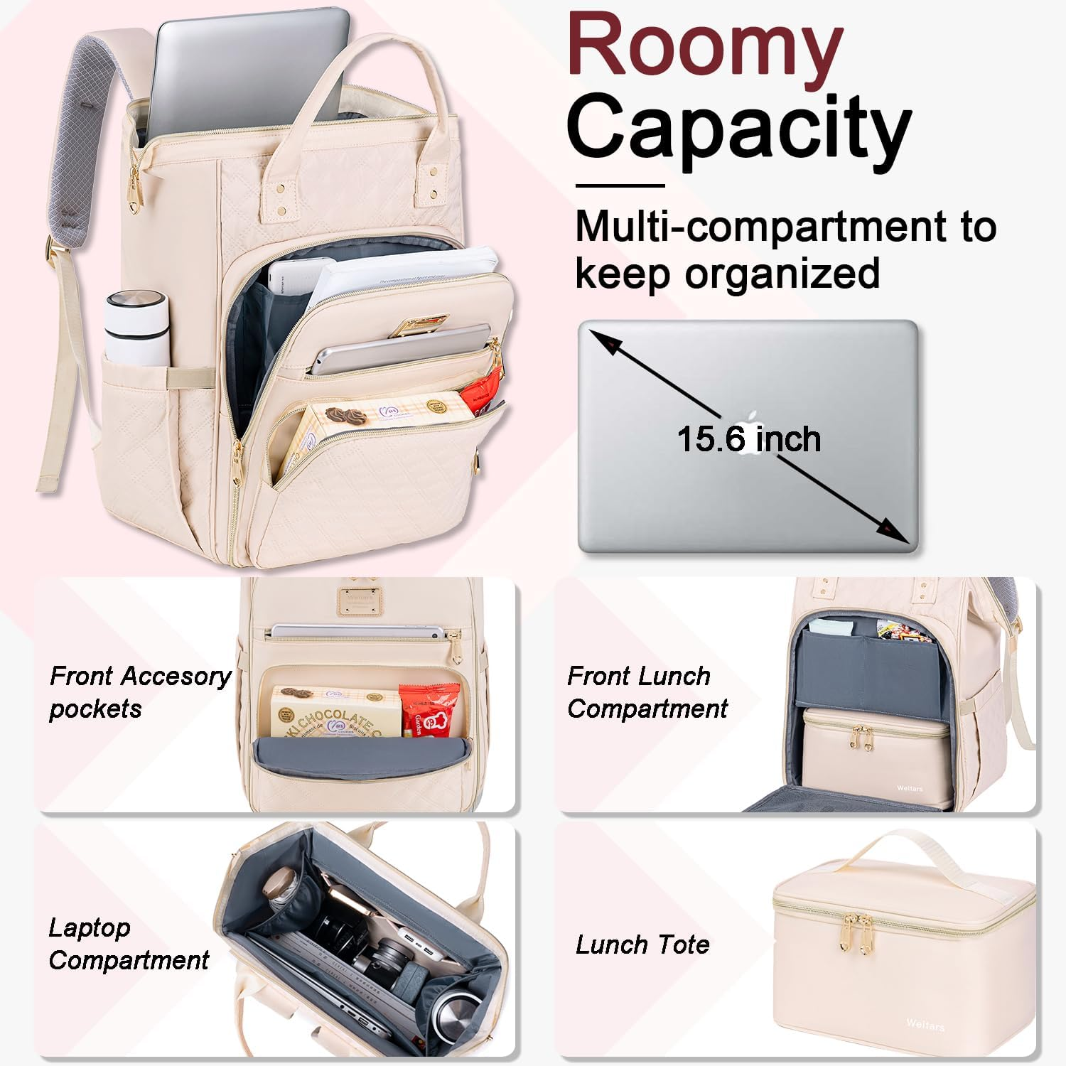 Weitars Lunch Backpack for Women,15.6 Inch Laptop Backpack for Women Backpack, Travel Backpack,Work Backpack for Women image number 4