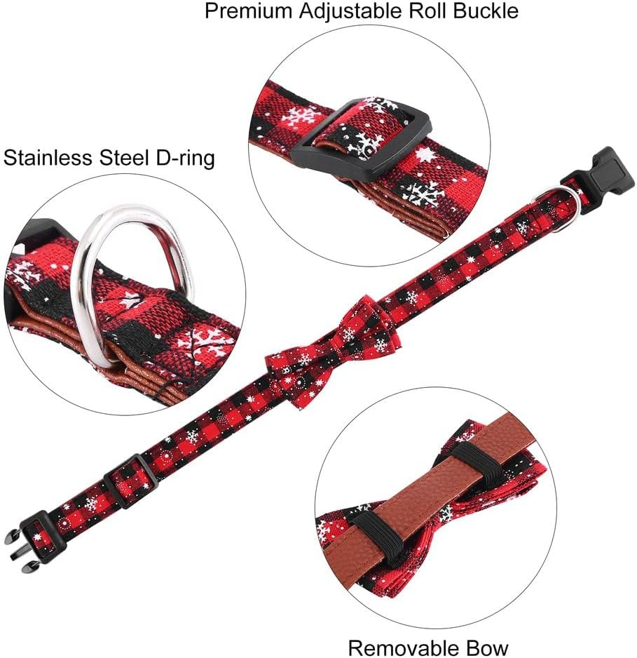 Christmas Dog Collar, Adjustable Soft Puppy Collar with Bow Tie, Breakaway Dog Collar with Snowflake Pattern for Festival, Cute Pet Collar with Quick Release Buckle for Small Medium Large Dog, Red