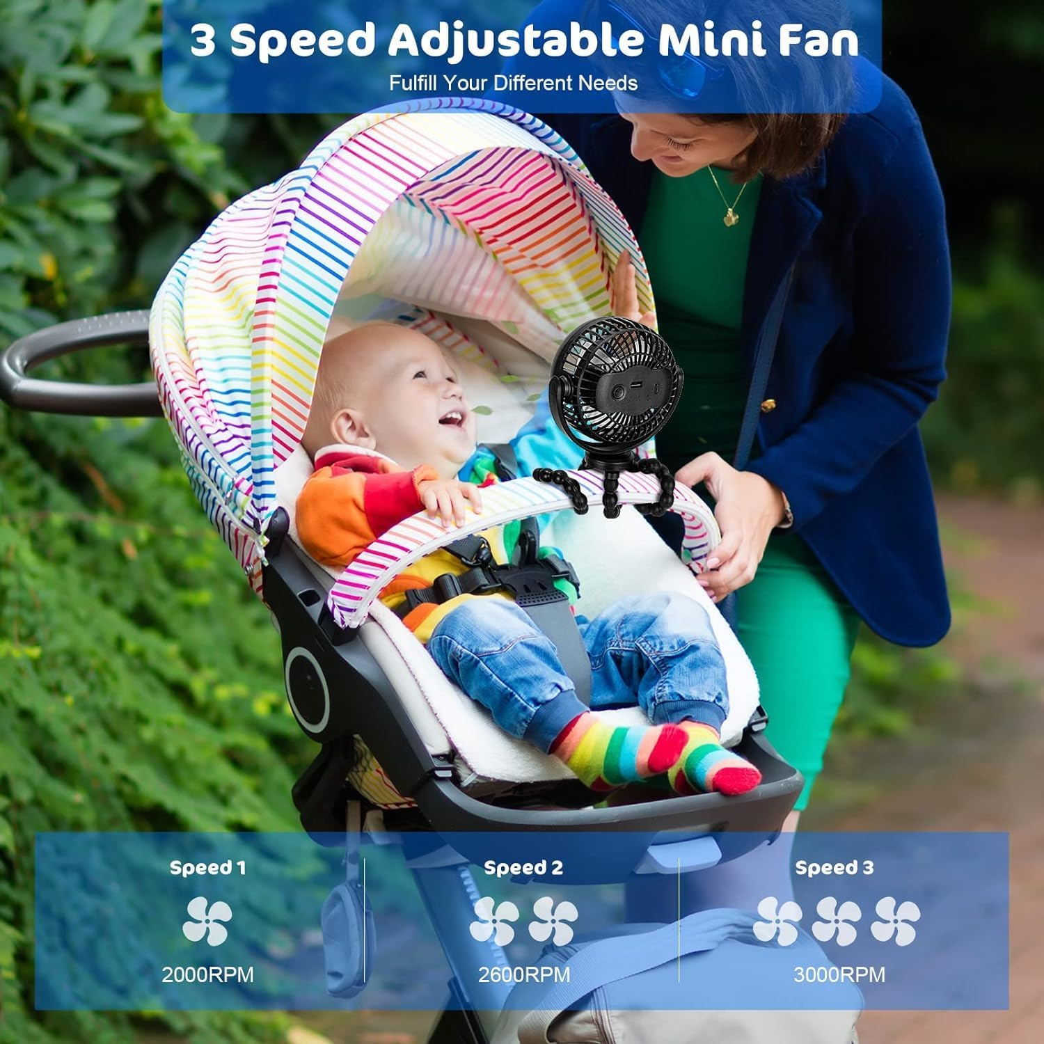 Mini Portable Stroller Fan, Small Clip on Fan, 3 Speed 360&deg; Rotate Flexible Tripod 5200Mah Baby Fan Handheld USB Desk Cooling Fan for Car Seat Crib Treadmill Travel Camping (2) image number 1