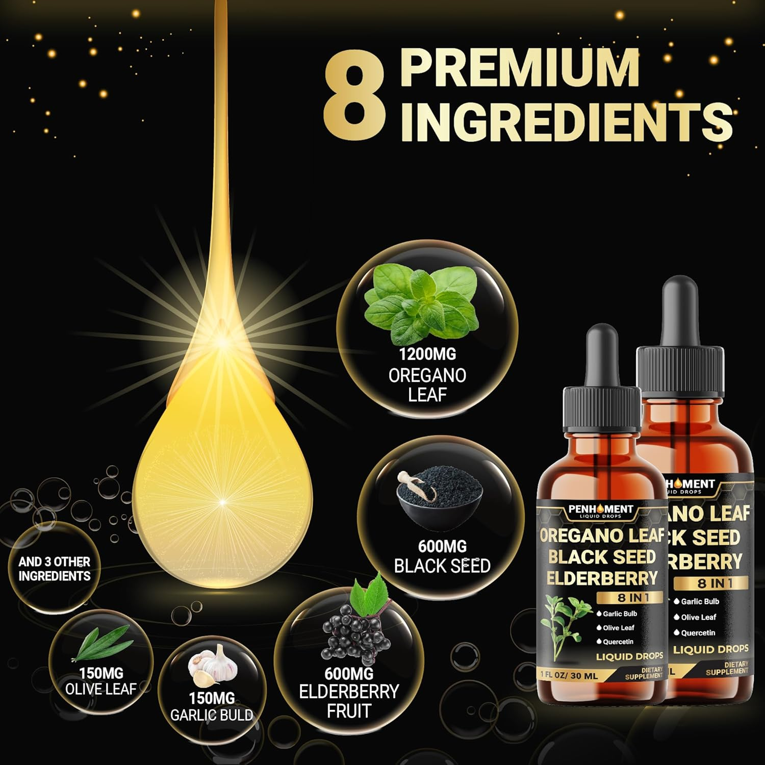 PENHOMENT 8In1 Oregano Oil Liquid Drops with Black Seed Oil, Garlic, Elderberry, Olive Leaf, Quercetin, Bromelain & Black Pepper - 2 Packs of 1 Fl Oz image number 1