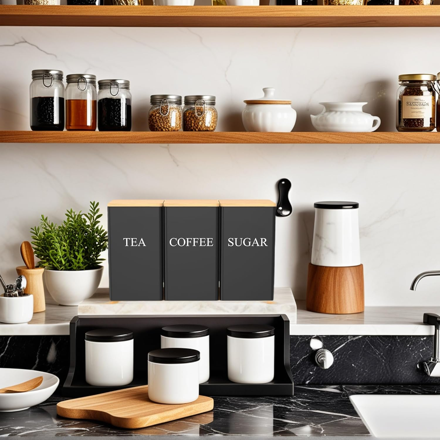 Alerrawia Tea Coffee Sugar Canister 1000 Ml Metal Coffee Tea Sugar Container with Airtight Bamboo Lid and Name Marker Food Storage Containers Jars for Coffee Sugar Tea Black Container Sets image number 1