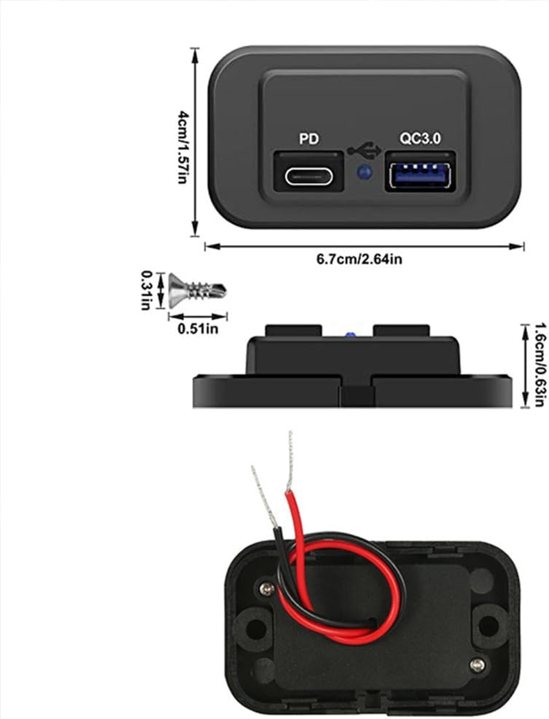 2PCS 12V/24V RV USB Outlet, Dual Quick Charge 3.0 12V Socket USB Charger and PD Type-C (USB C), Waterproof Power Socket for RV Marine Boat Bus ATV Motorcycle Truck Golf Cart image number 4