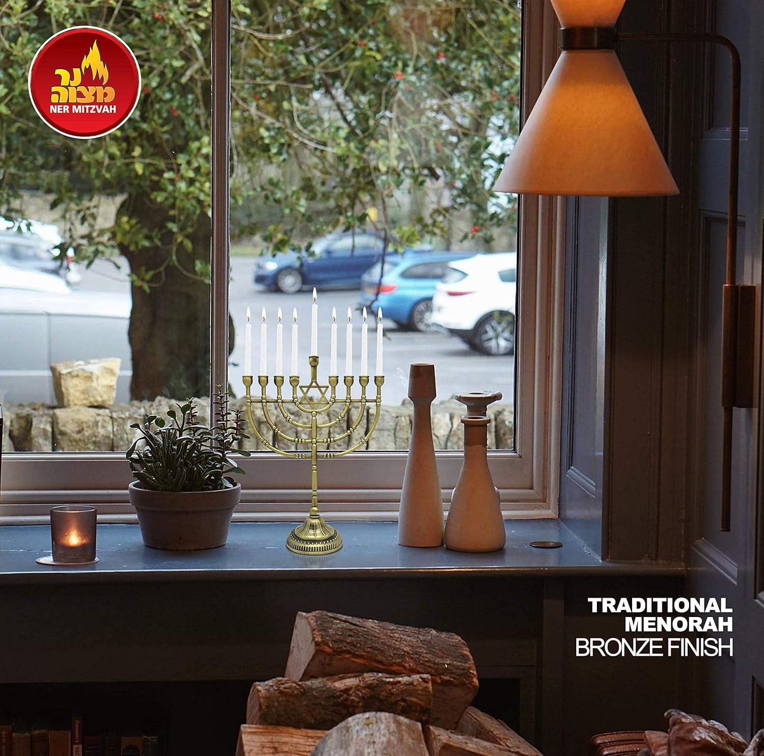 Ner Mitzvah Traditional Bronze Candle Menorah Chanukah Candles - Traditional Rounded Branches - Hanukkah Menorah image number 2