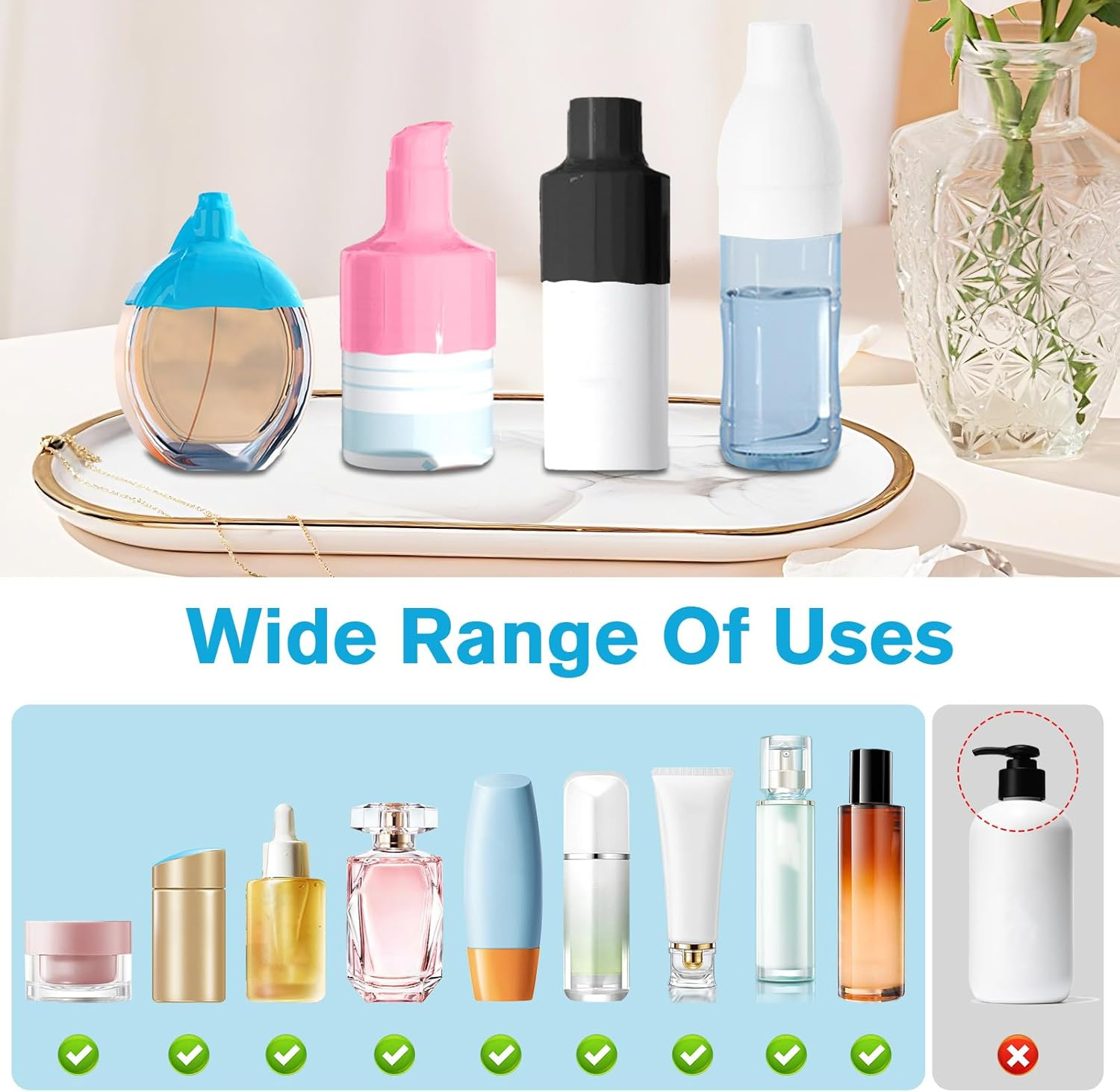 8 Pcs Reusable Silicone Leak-Proof Sleeves, Highly Elastic Travel Bottles Covers Suitable for Various Bottle Types Perfume Bottles Toiletries Mineral Water Bottles(Blue/Black/White/Pink) image number 3
