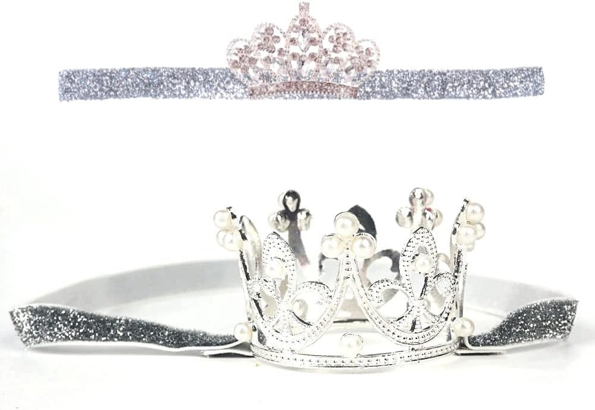 Nishine 2 Pieces Baby Girls Crown Headband Princess Tiara Headdress Set Toddler Elastic Head Band (White)