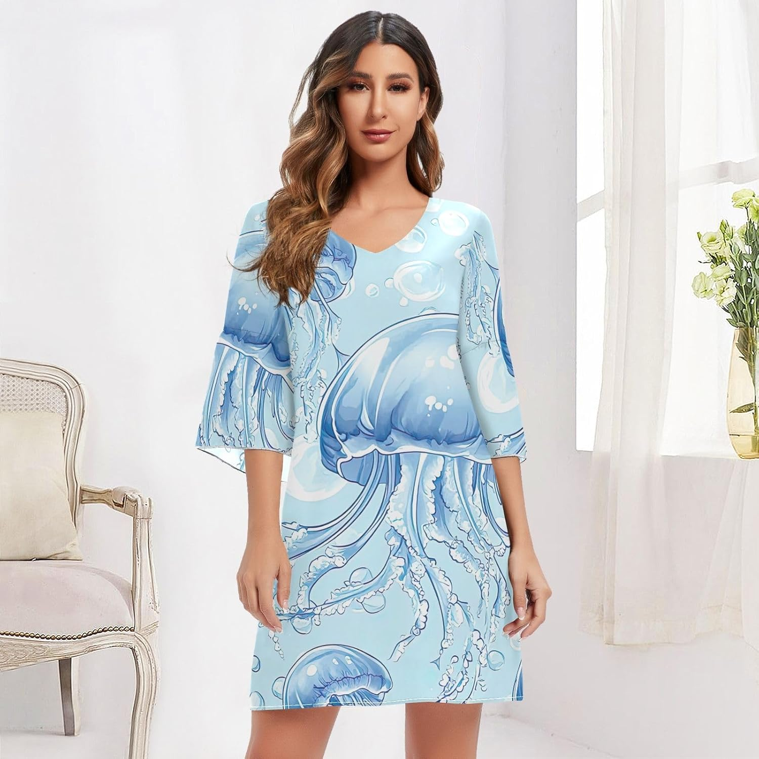 Blue Jellyfish Cartoon Summer Dress Printed Line Maternity Dress S-XXL image number 3