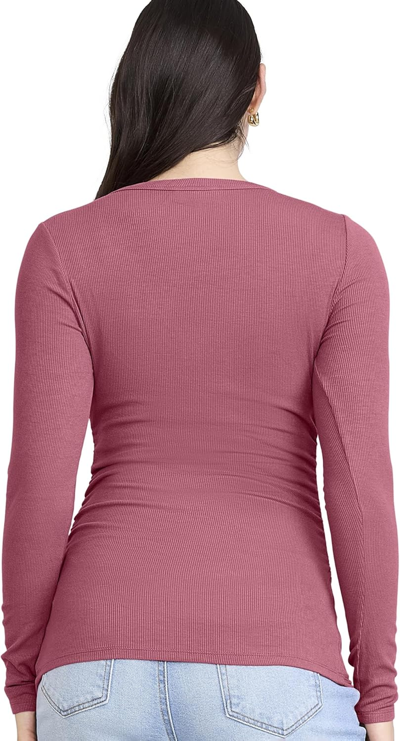 Motherhood Maternity Women'S Long Sleeve V-Neck Side Ruched Henley Pregnancy Tee Shirt image number 6