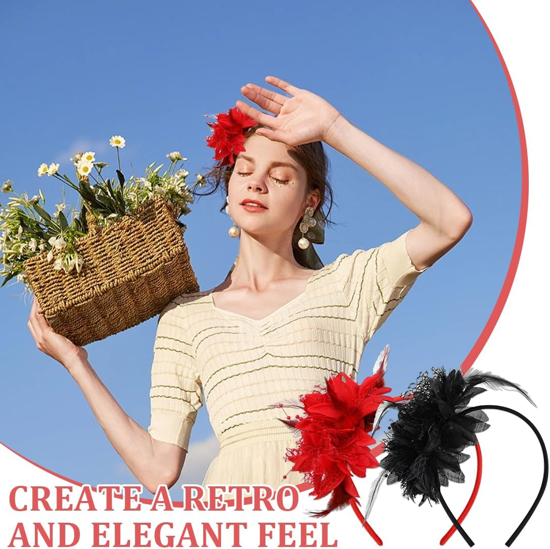 Pack of 2 Feather Headband with Artificial Flowers, Retro Hair Band Fascinator for Carnival Cocktail Wedding Tea Party Accessories image number 5