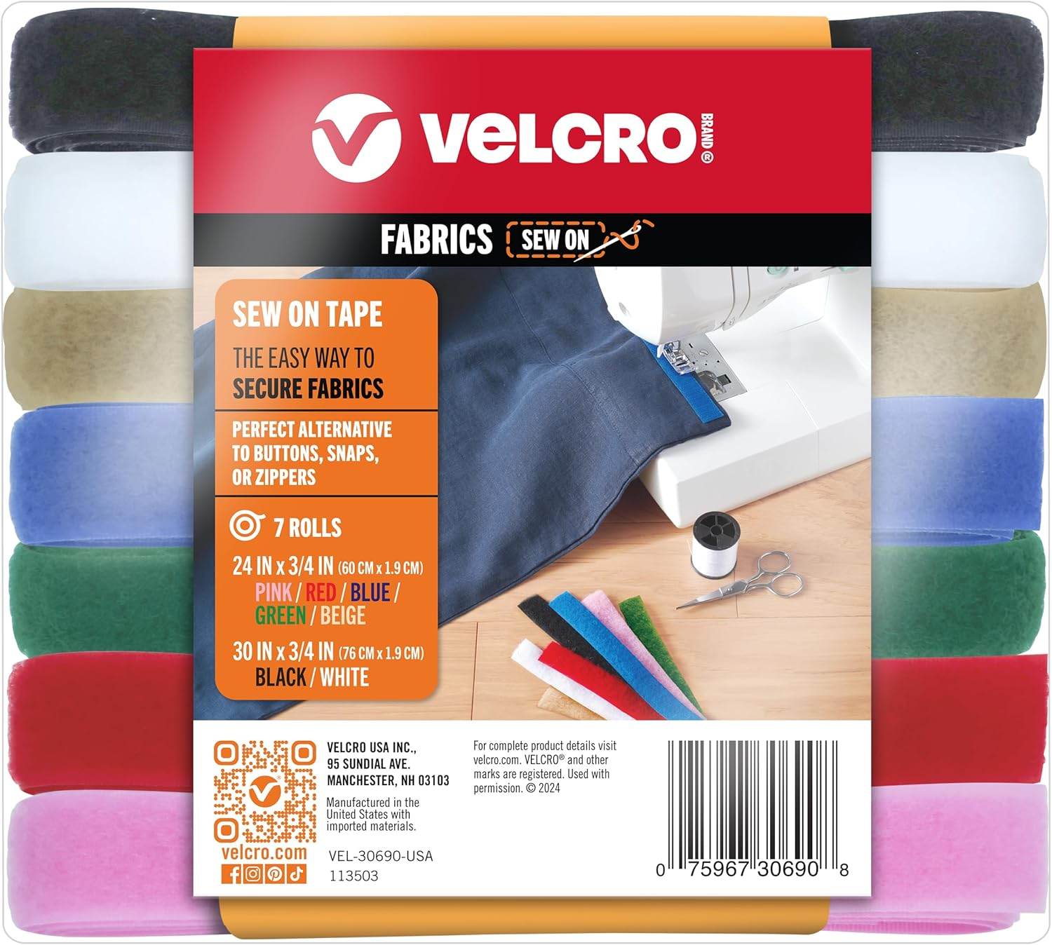 Velcro Brand Sew on Tape 15Ft X 3/4 in Variety Pack 7 Colors for Fabrics Clothing and Crafts, Substitute for Snaps and Buttons, Cut Strips to Length