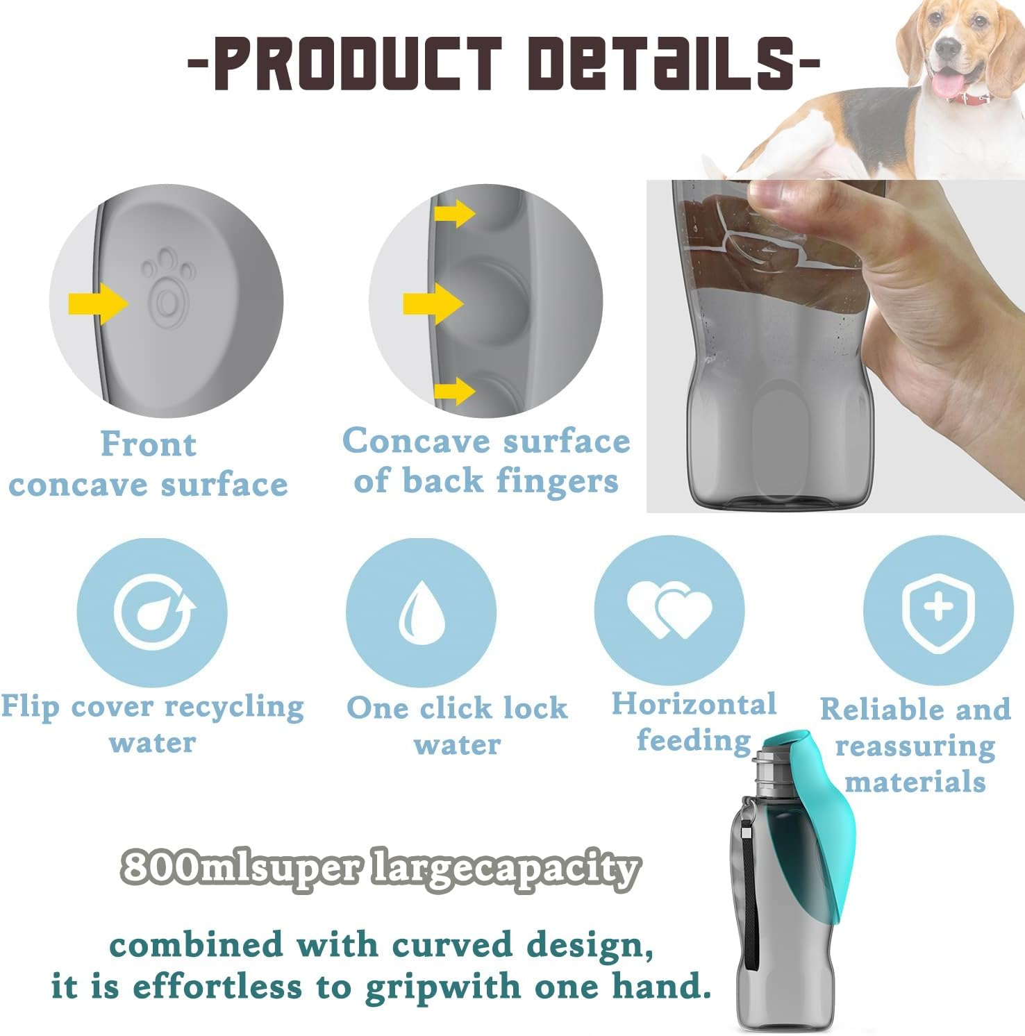 Hoclauho Dog Drinking Bottle, 800 Ml, Foldable, Leak-Proof Water Bottle for Dogs on the Go with Bowl, Bpa-Free, Antibacterial, Ideal for Walks, Travel, Car Trips image number 2