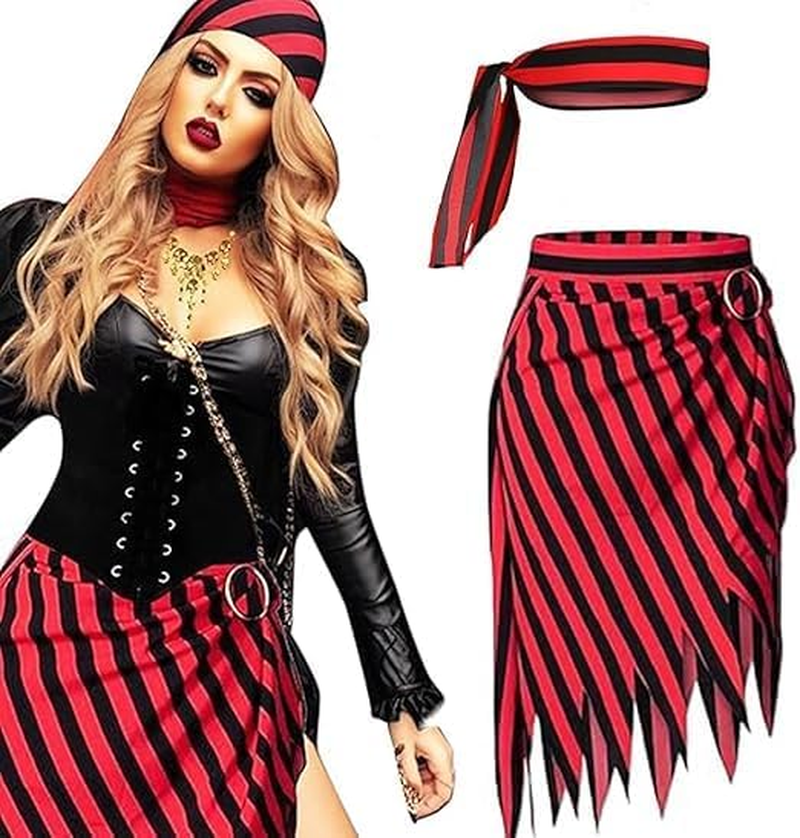 Slowton Pirate Costume Women - 2PCS Adult Renaissance Pirate Outfit with Striped Skirt and Headscarf Pirate Themed Costumes for Halloween Party Captain Carnival Music Festival image number 2